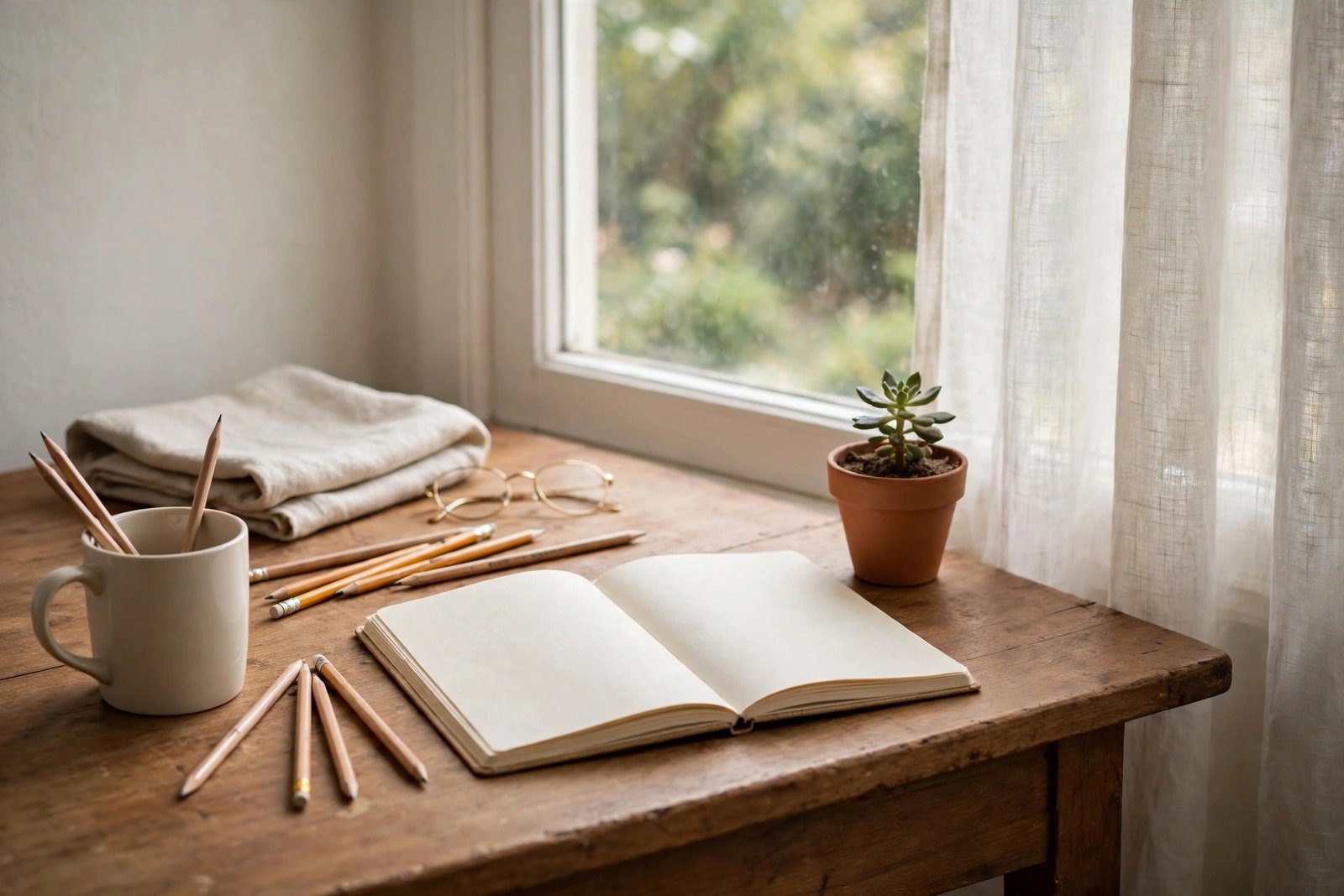 A quiet home desk with a notebook, pencils, and a plant by a window, an illustrative image about private family life