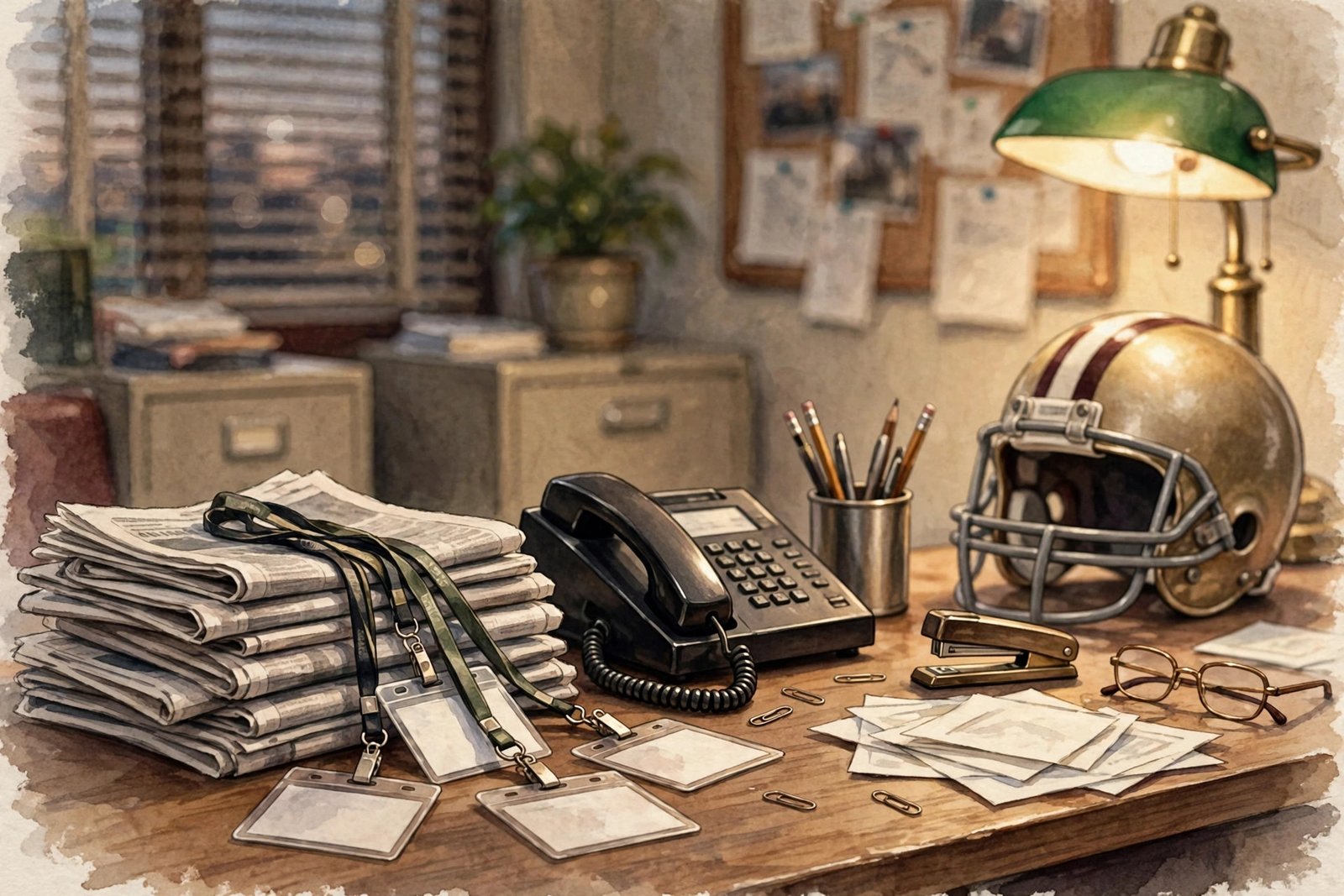 Illustrative image of a 1990s sports public relations office with press passes and a football helmet