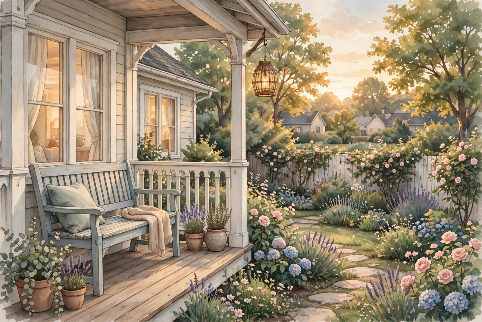 Illustrative image of a quiet suburban home garden at golden hour, symbolizing a private life away from fame