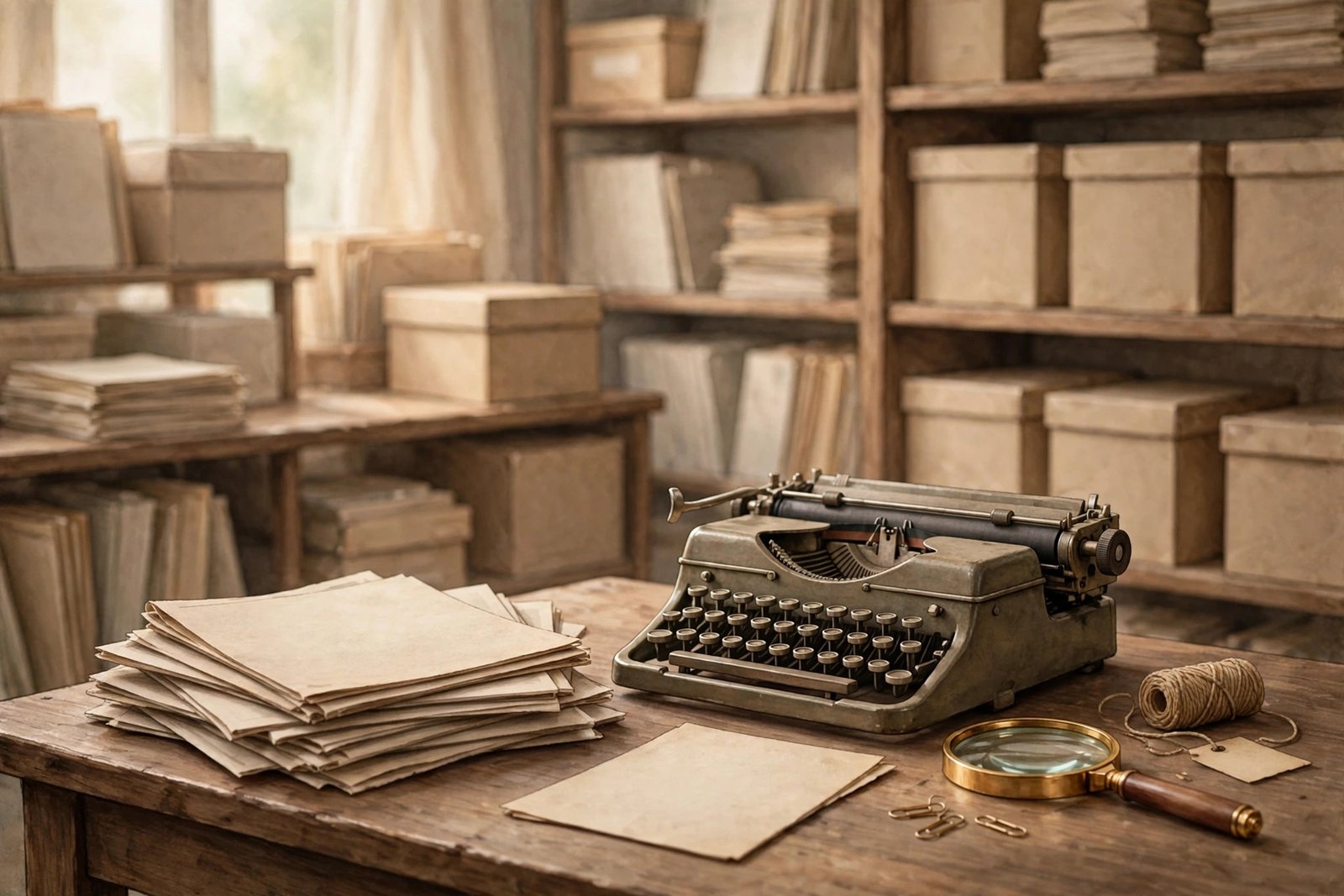 Illustrative archive desk with a typewriter and old papers, symbolising research into early biography records