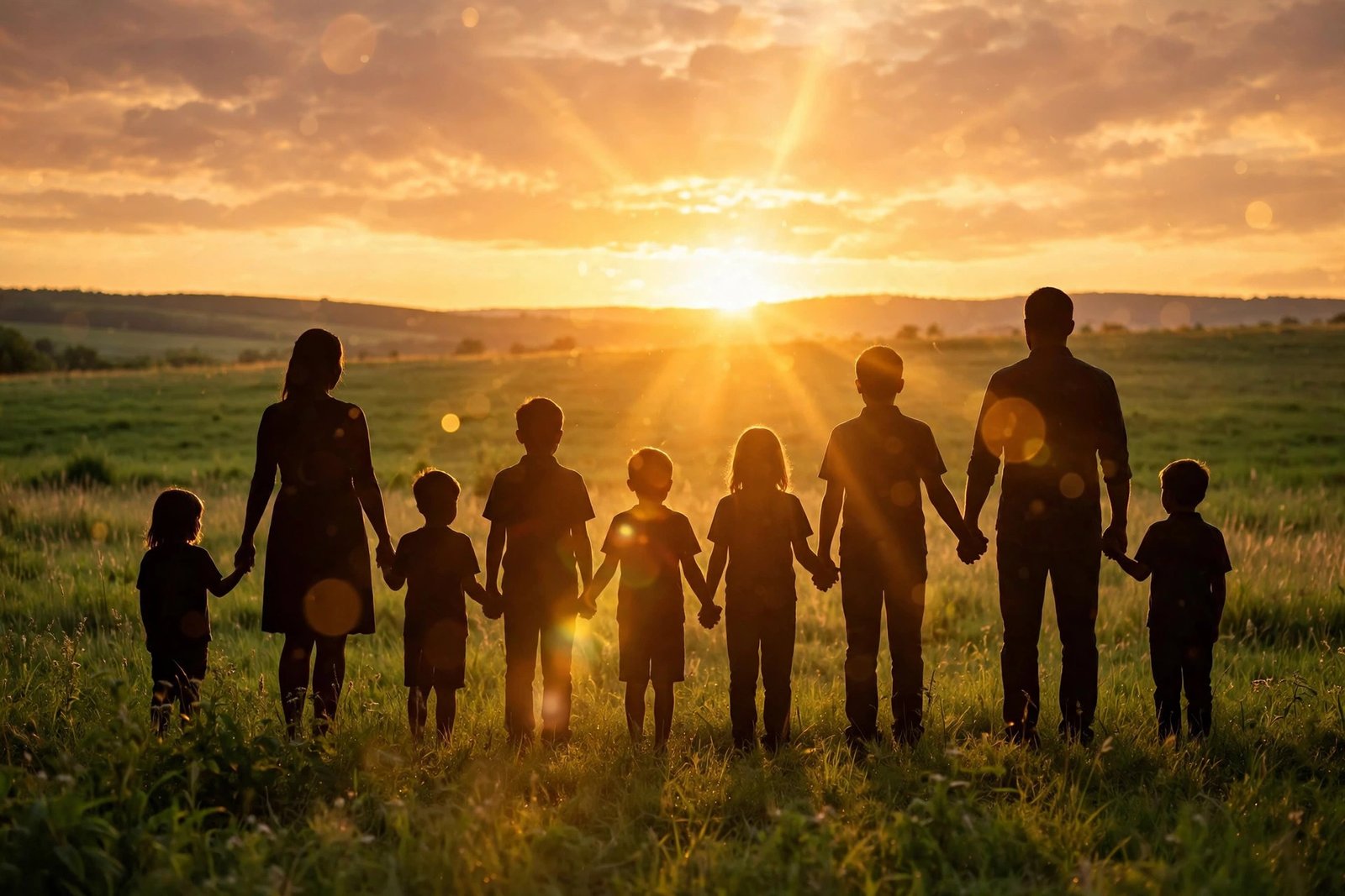 Family holding hands at sunset, representing Julie Pitt Neal's focus on faith and family life in Missouri