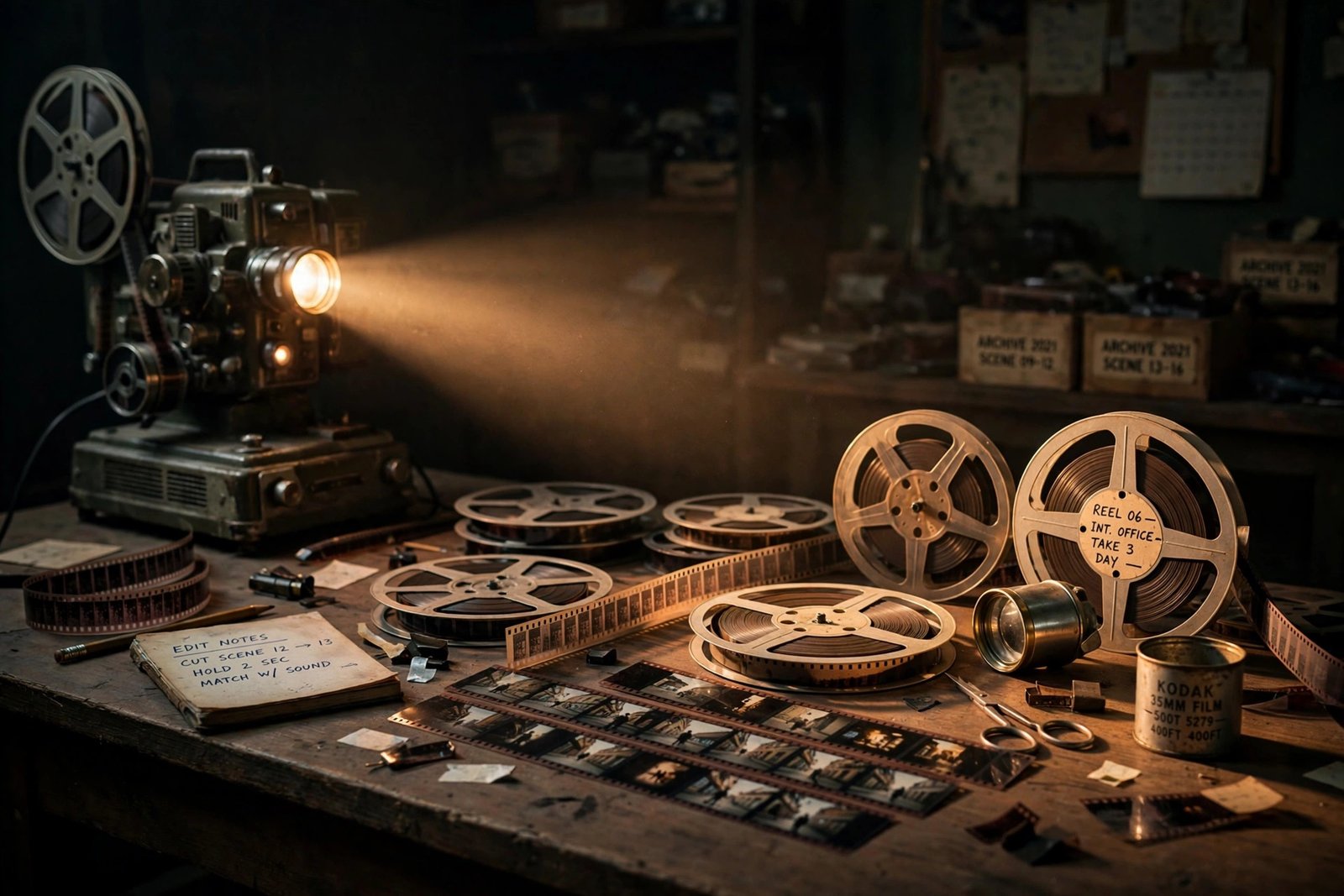 Cinematic film set with vintage camera and director's equipment evoking Carlos Scola Pliego's filmmaking career
