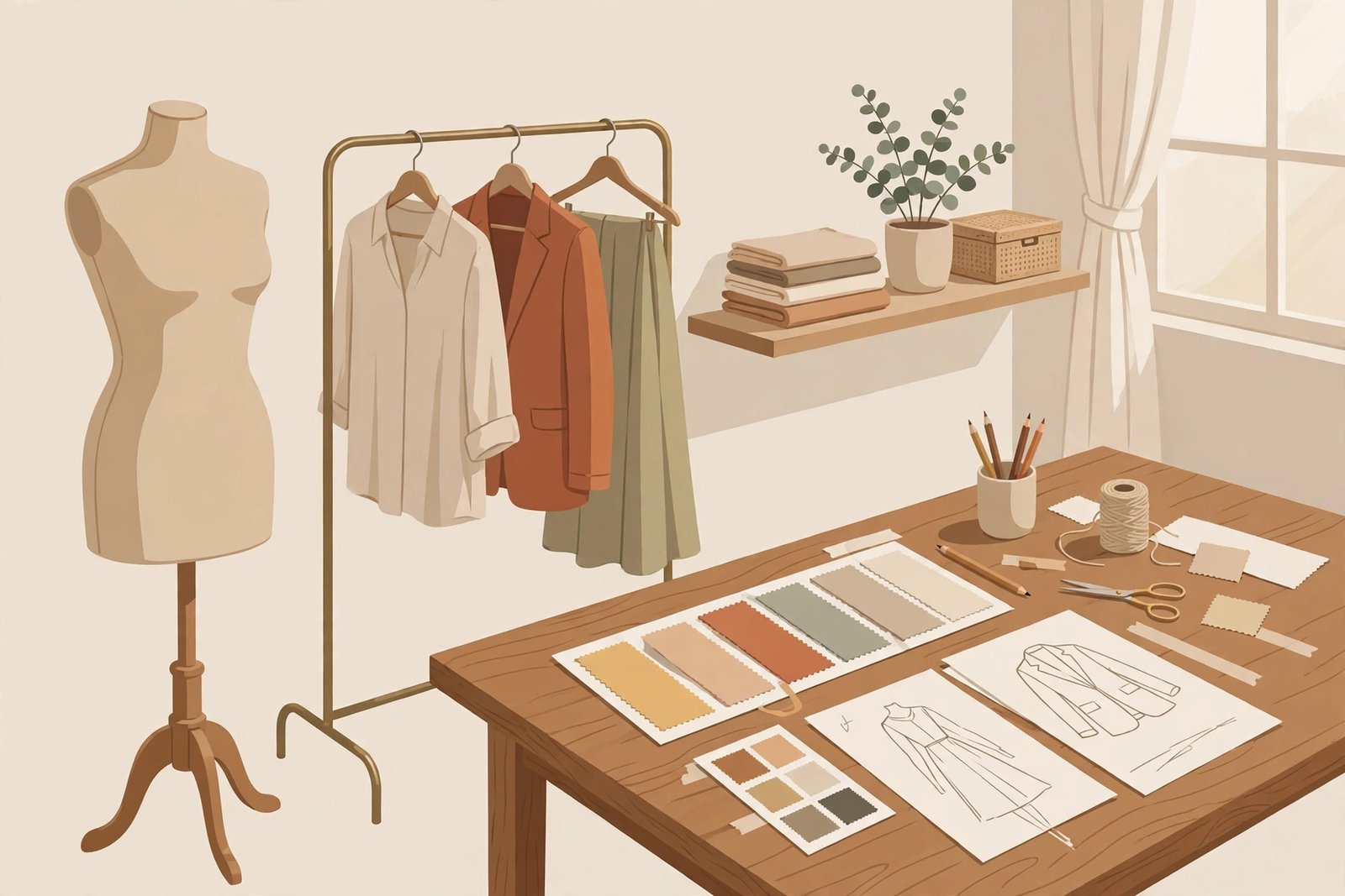 Illustration of a small fashion boutique workspace with a dress form mannequin and garment rack, representing Daniella Liben's fashion retail career