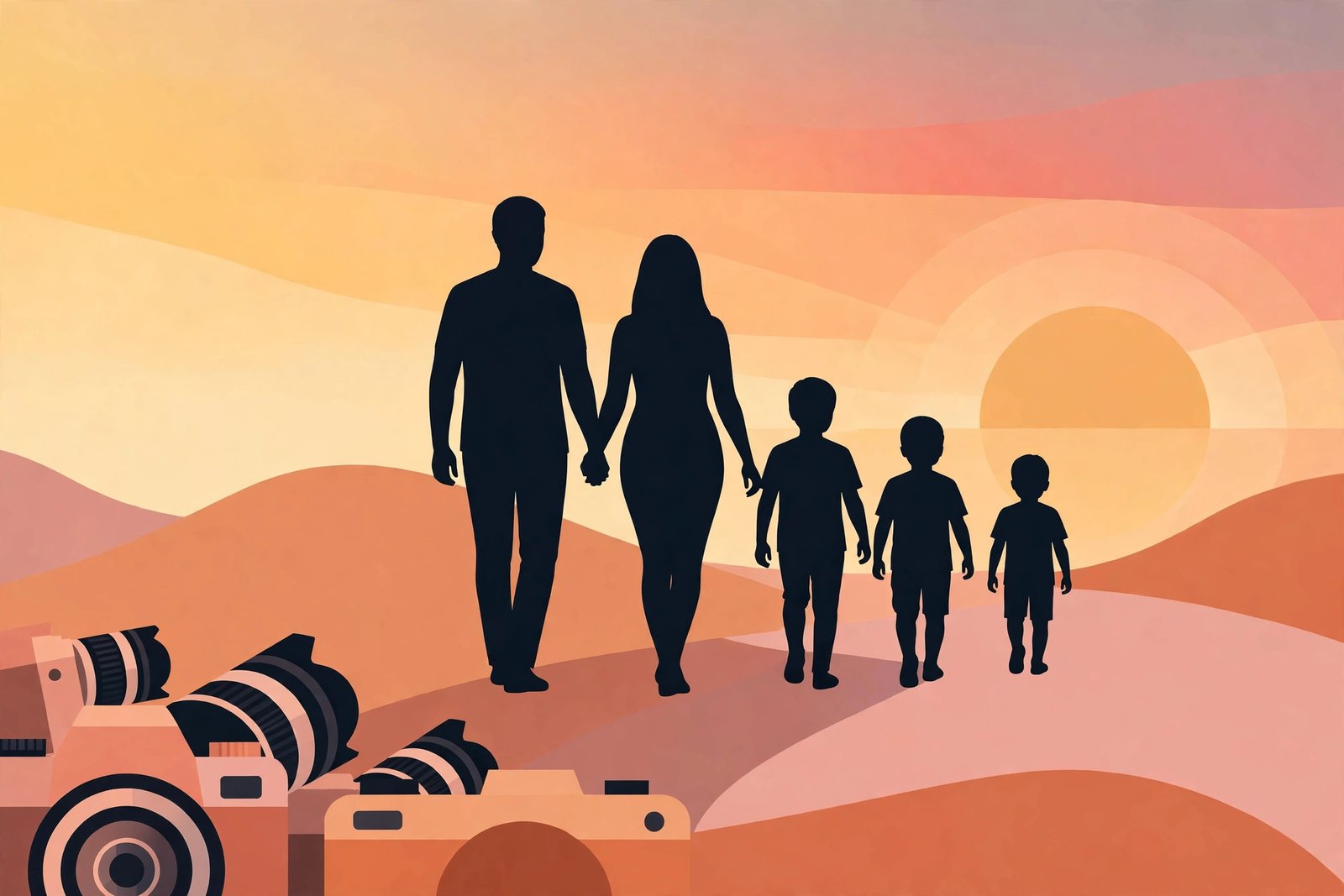 Illustration of a couple and three children walking away from cameras, representing Daniella Liben's private family life