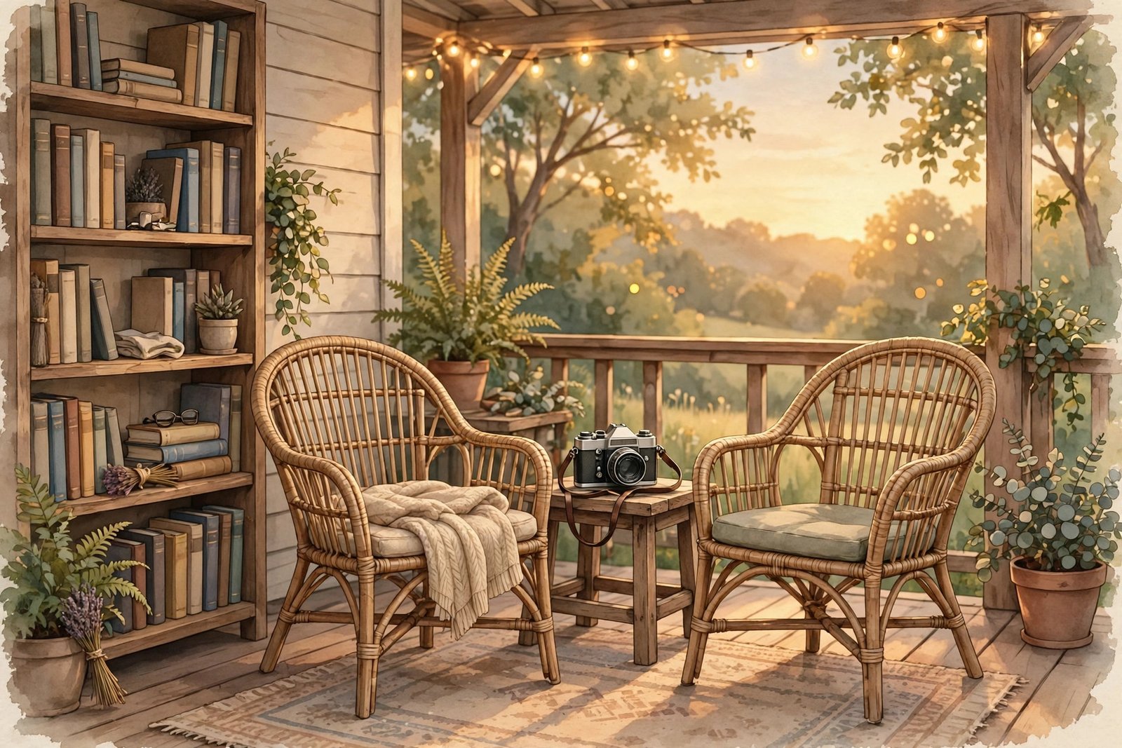 Generic illustration of a quiet family porch scene symbolizing a private life away from the Hollywood spotlight, not a real photo of Kian William Jarrahy