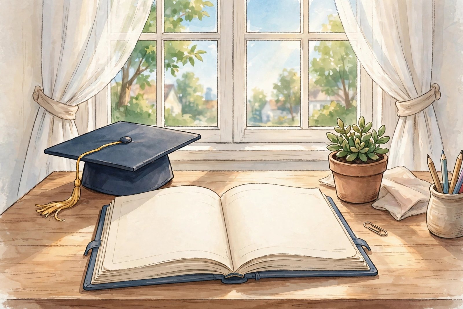 Generic illustration of a study desk with a notebook and graduation cap symbolizing education and a young adult life outside fame, not a real photo of Kian William Jarrahy