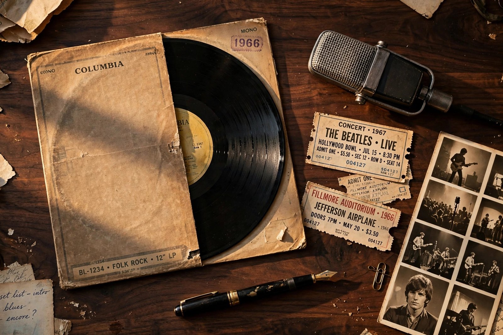 Editorial flat lay of 1960s music memorabilia including a vinyl record, vintage ribbon microphone, and sepia photographs