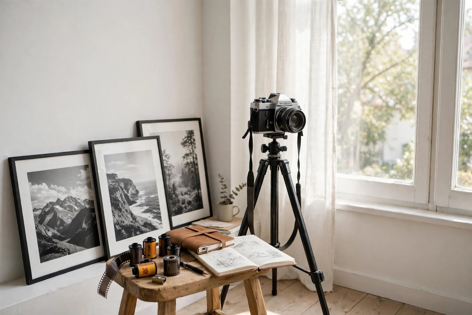 Sunlit artist studio corner with a film camera on tripod and framed black and white photographs