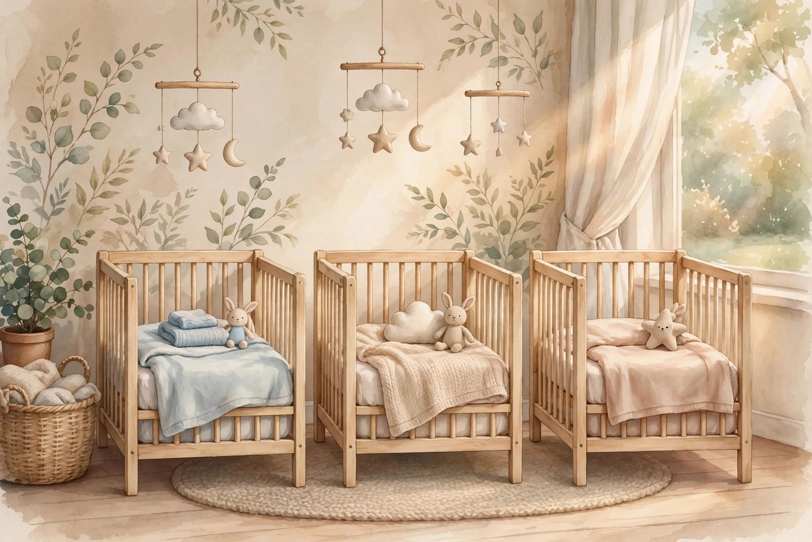 Generic illustration of three baby cribs in a warm nursery, symbolising triplets in a family story
