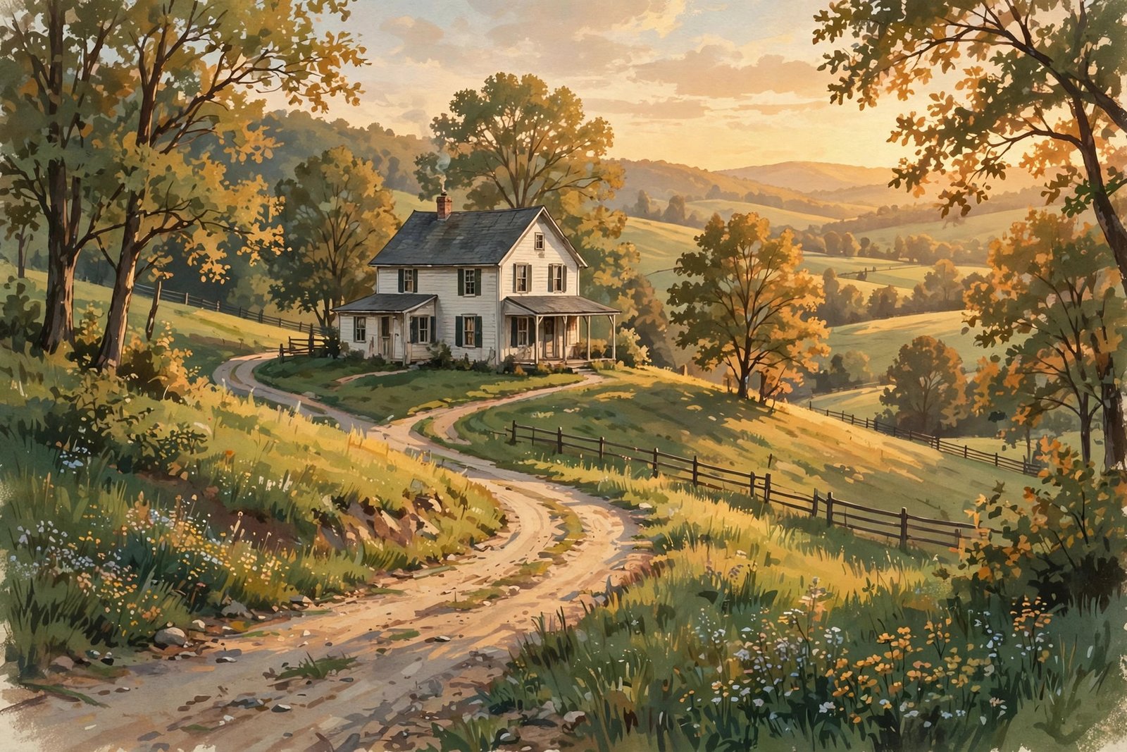Generic illustration of a rural American farmhouse on a green hillside at golden hour, evoking classic television drama scenery