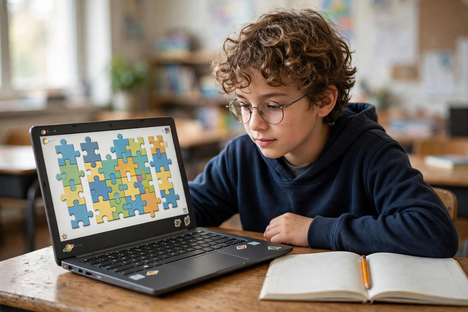 Student playing an educational puzzle game on a school laptop in a classroom