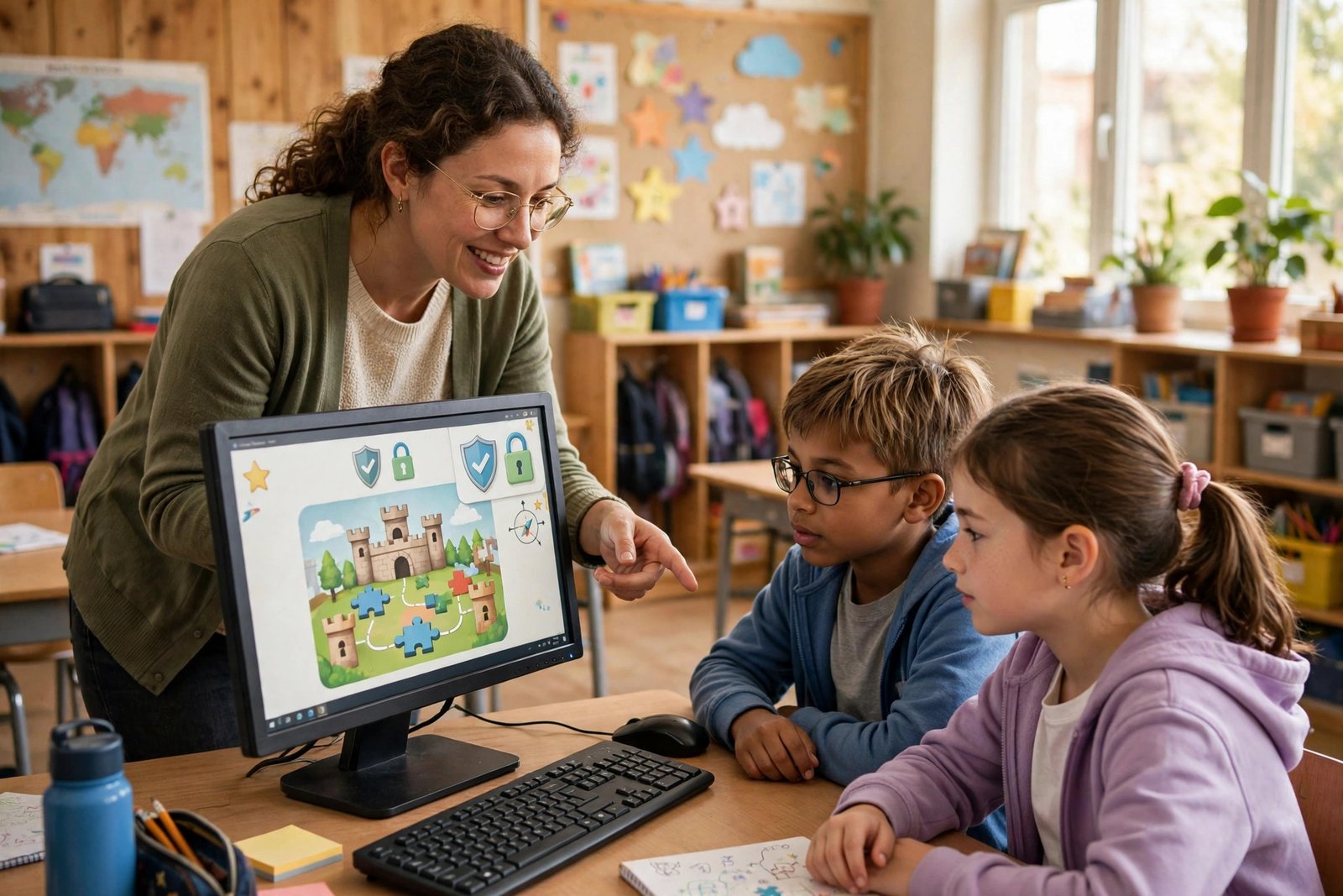 Teacher guiding students at a classroom computer while discussing safe online learning