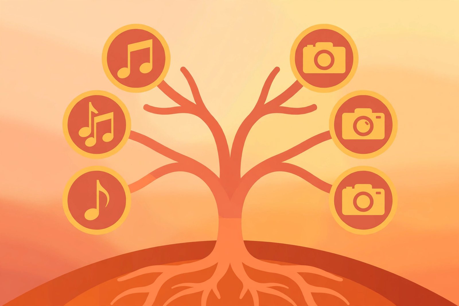Illustration of a family tree with musical notes and camera icons representing the Naess family musical legacy