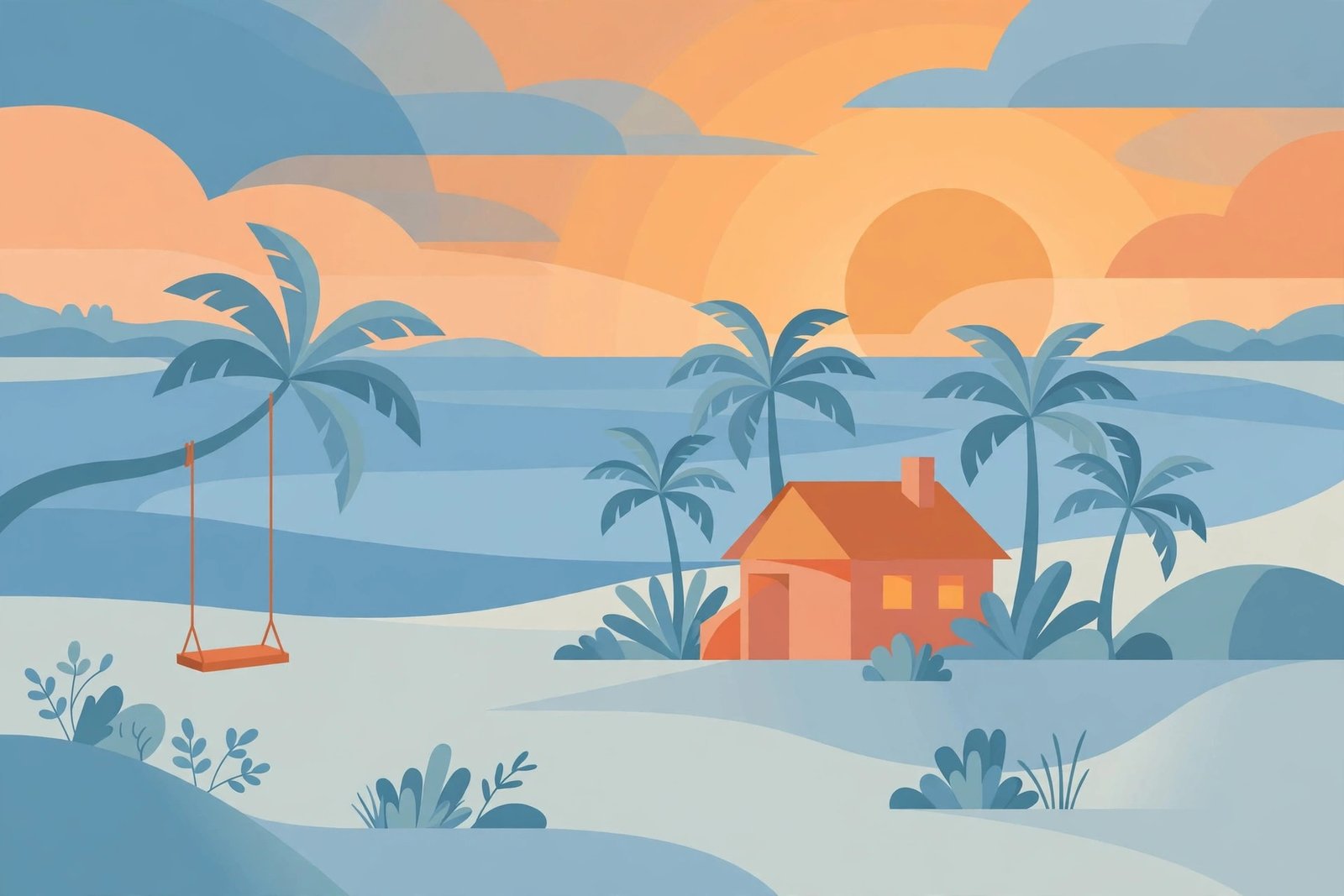 Illustration of a peaceful coastal home at sunset, evoking a quiet and private family life