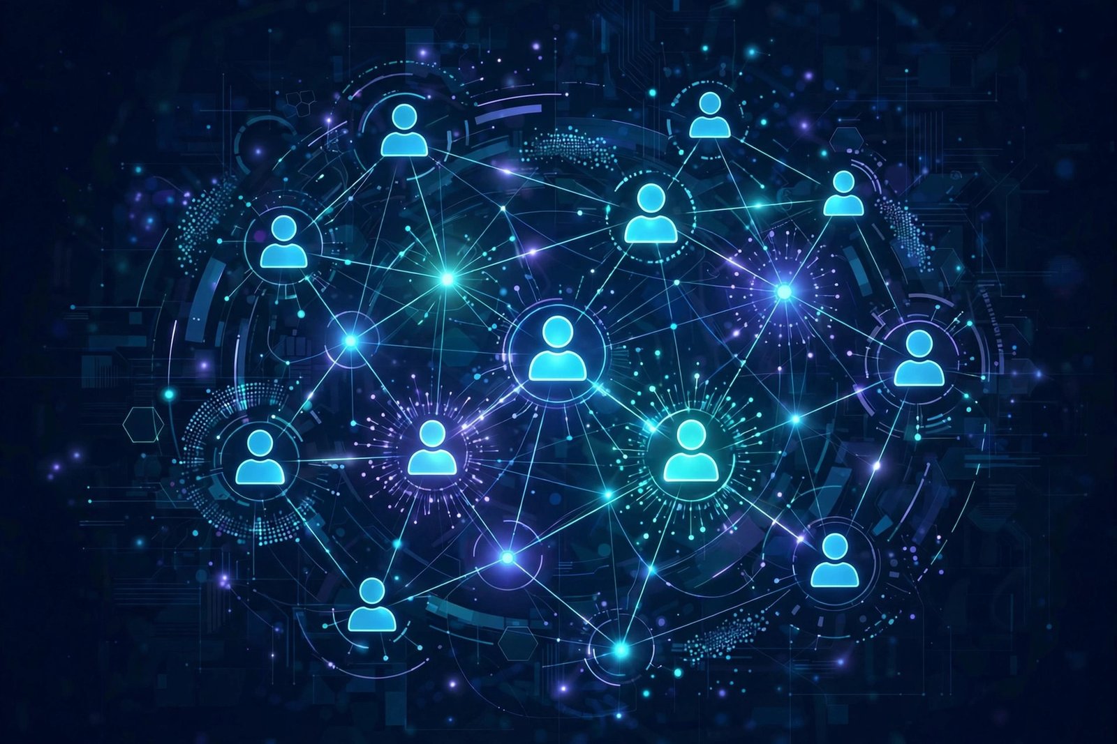 Abstract digital artwork of a connected community network with glowing nodes, illustrating the Hormita digital connectivity platform concept