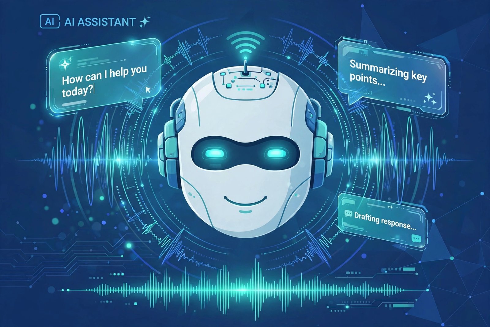 Concept illustration of an AI assistant robot head with voice waveforms and chat bubbles, representing Hormita AI assistance features
