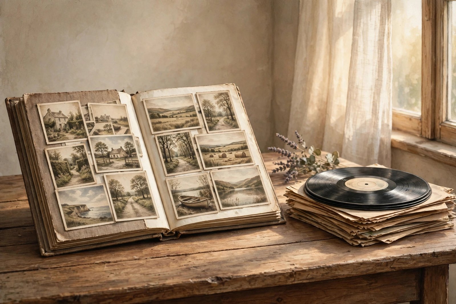 Illustrative image of a vintage family photo album and vinyl records, evoking classic Hollywood nostalgia