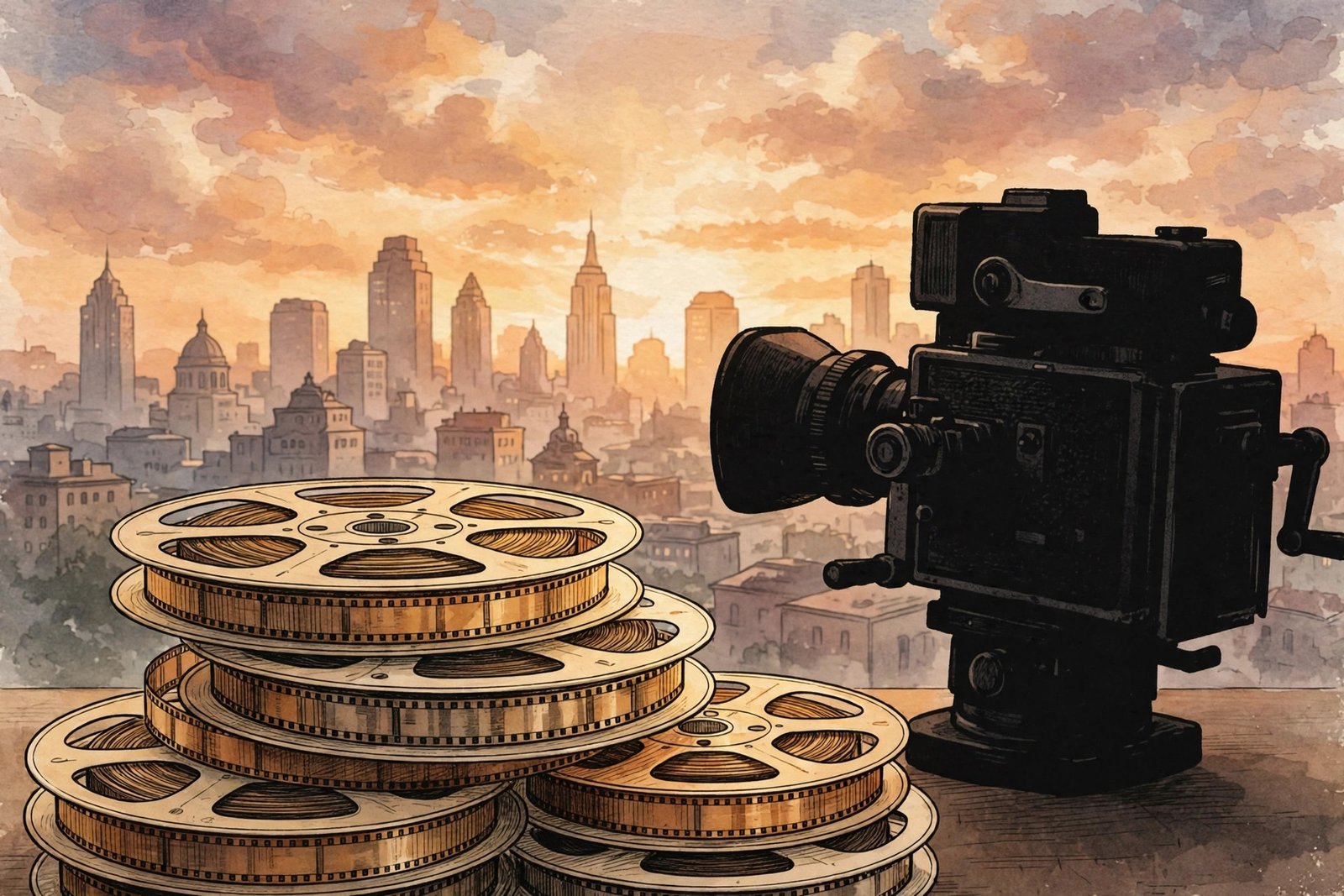 Illustrative image of classic Hollywood film reels and a vintage movie camera against a sunset skyline