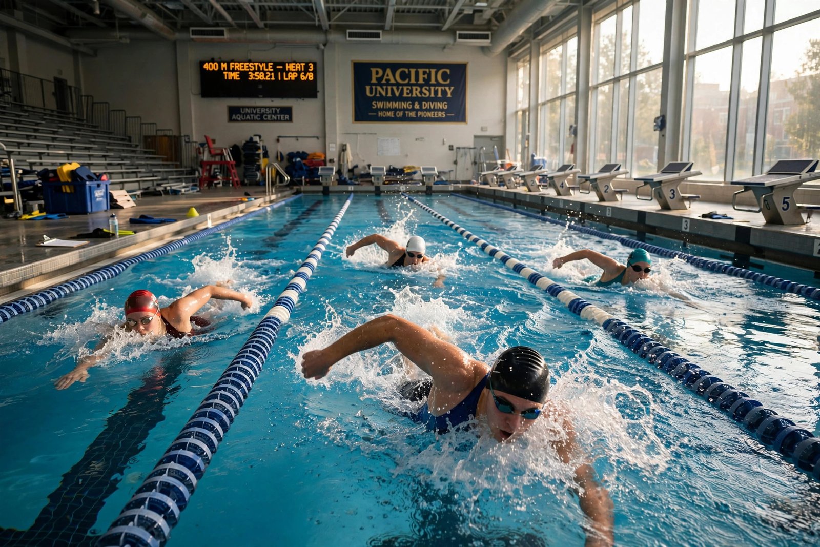 Swimmers competing in an indoor pool triathlon swim leg at a university aquatic center