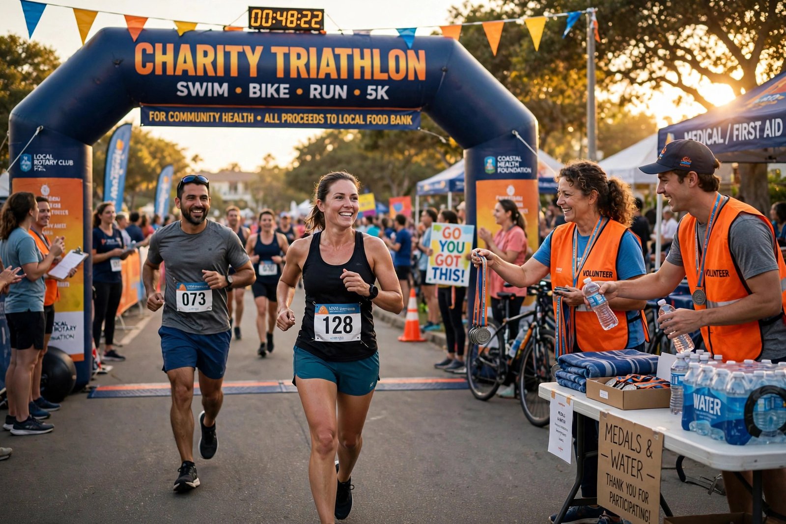 Charity triathlon runners crossing the finish line with volunteers handing out medals