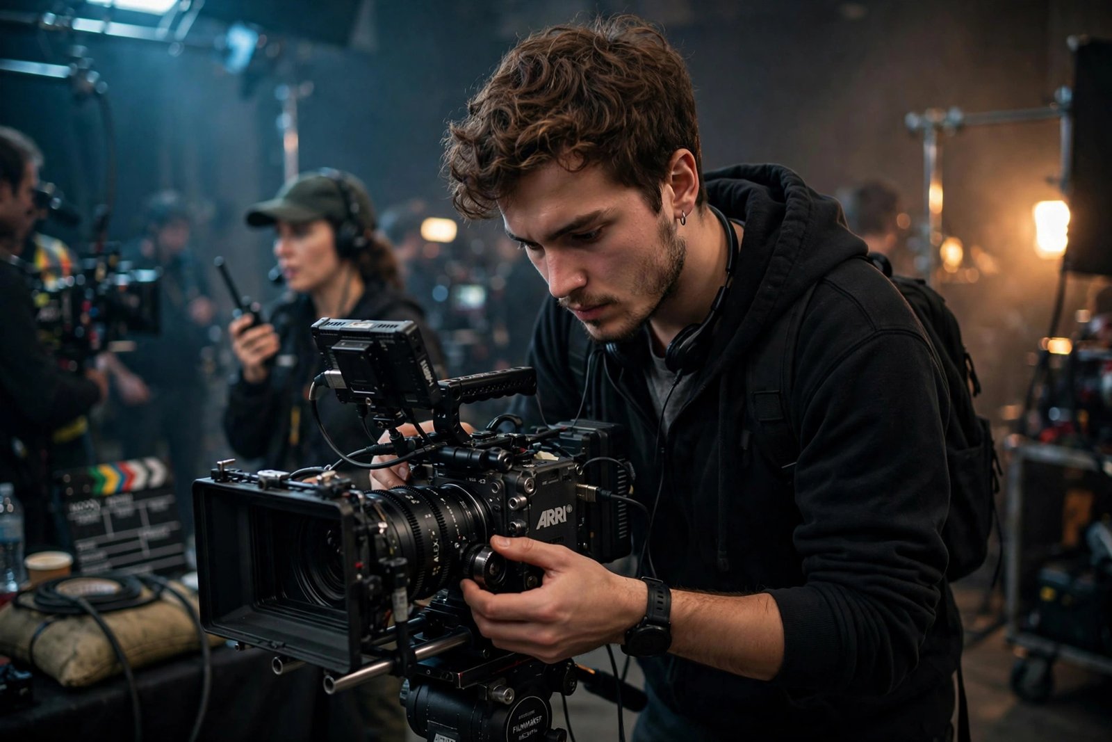 Young filmmaker adjusting a cinema camera on a film production set, reflecting Jackson Blue McDermott's interest in film production