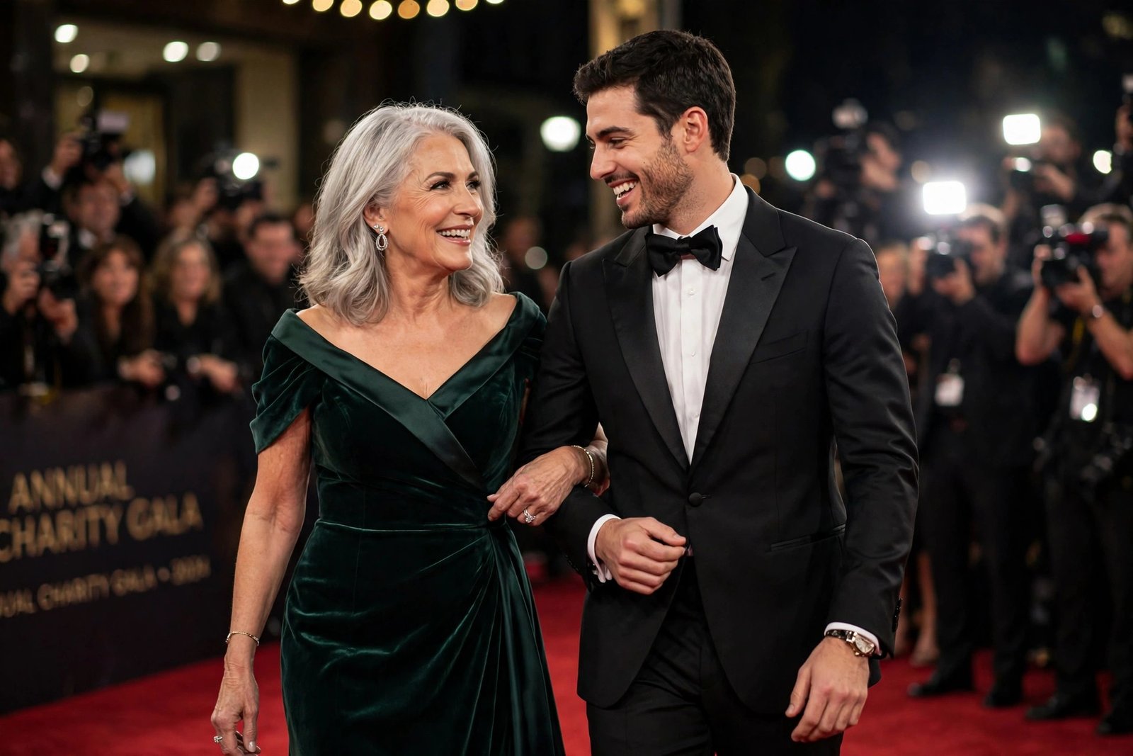 Mother and adult son attending a red carpet event at night, representing Jackson Blue McDermott with his mother Maria Bello