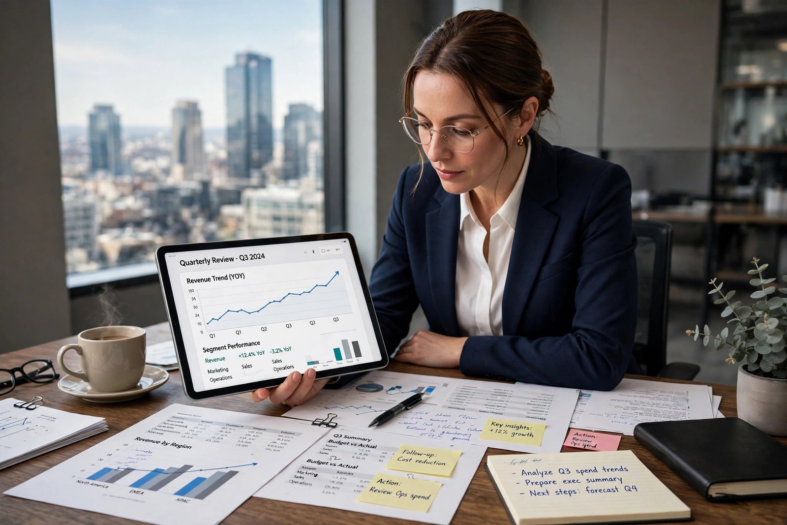 Professional reviewing company documents and a tablet with review graphs at a bright office desk