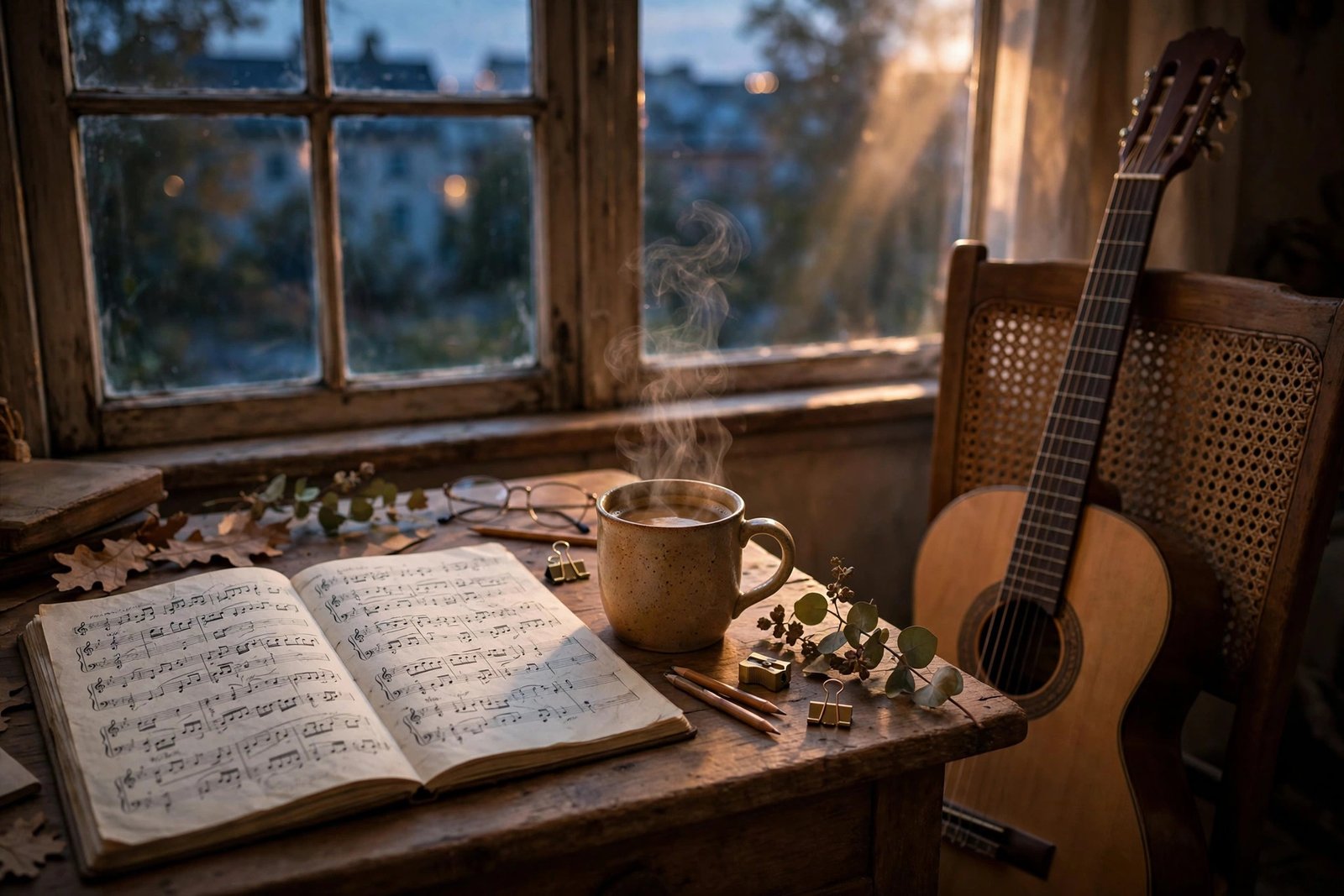 Concept art of a songwriter's desk with handwritten sheet music, an acoustic guitar and warm window light