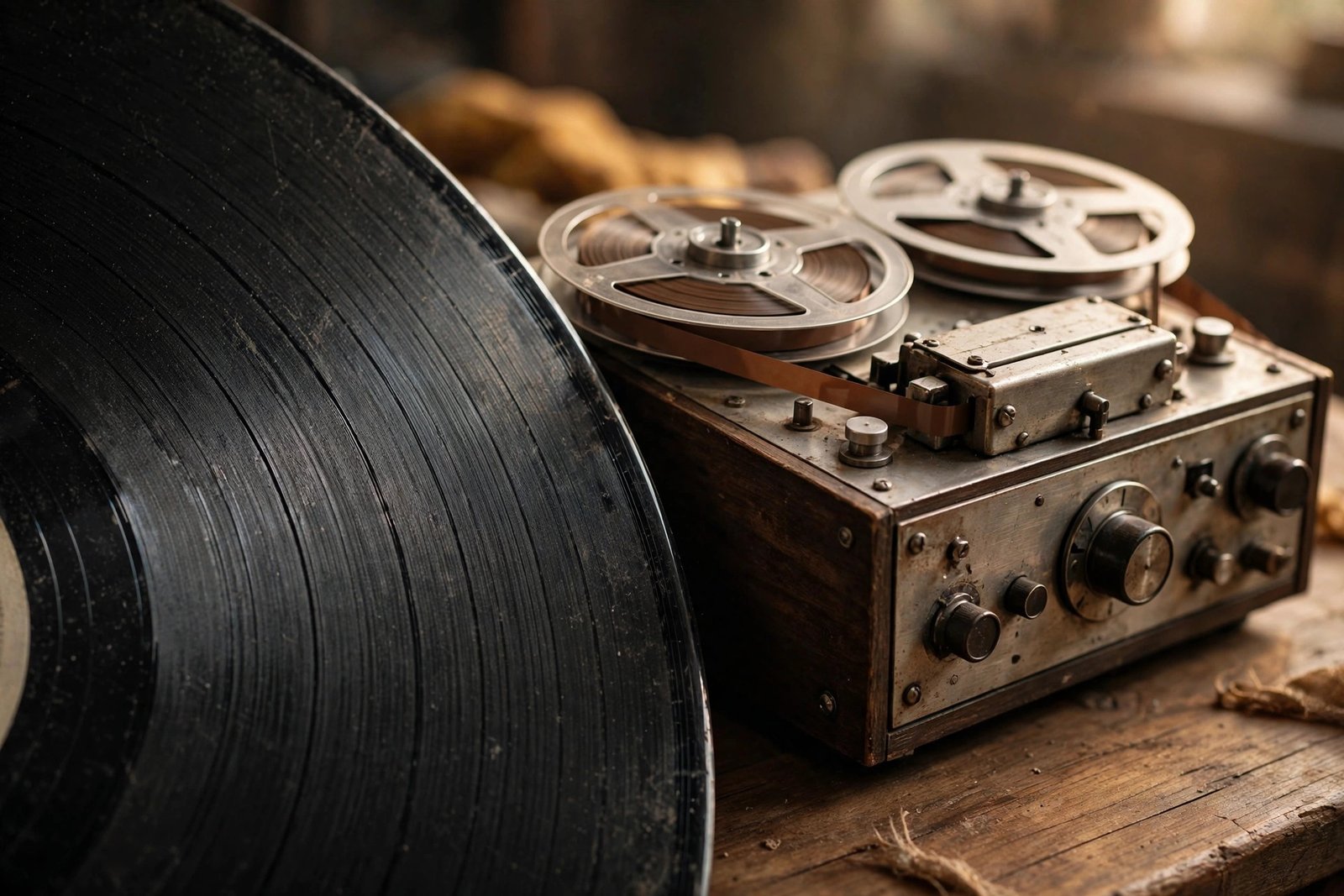Vintage reel-to-reel tape machine and vinyl record symbolizing musical heritage