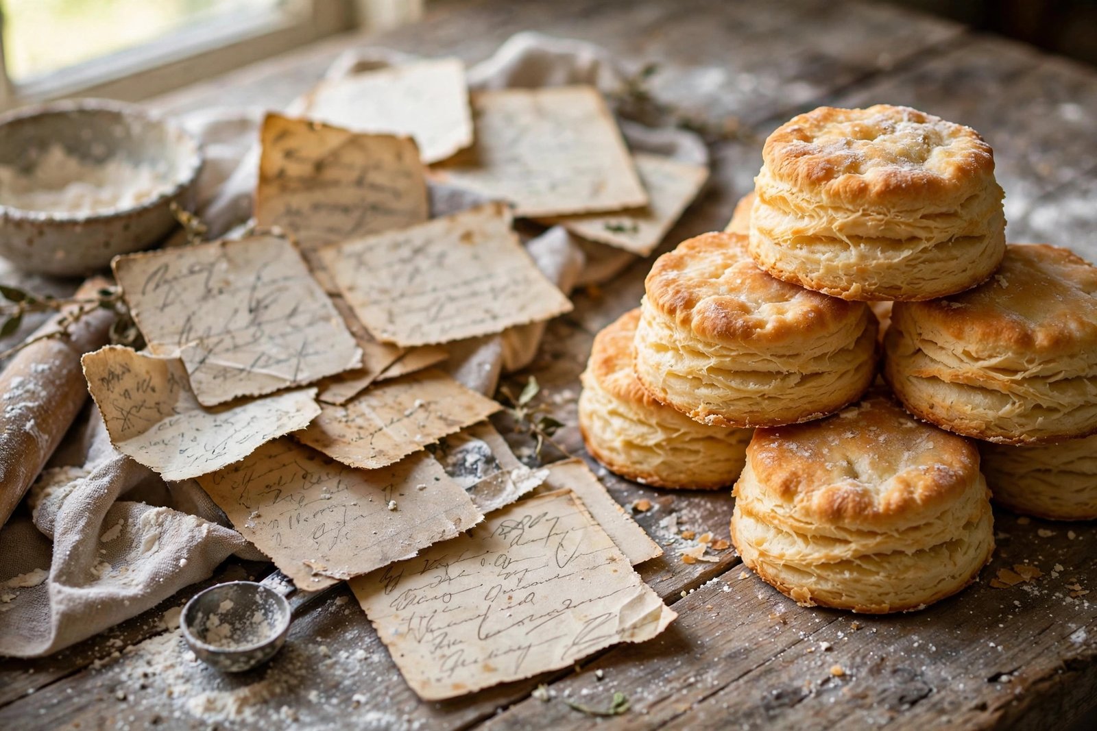 Aged handwritten heirloom recipe cards beside a stack of golden flaky buttermilk biscuits on a rustic farmhouse table, evoking Ashley Holt Kimbrel's cookbook The Heirloomed Kitchen