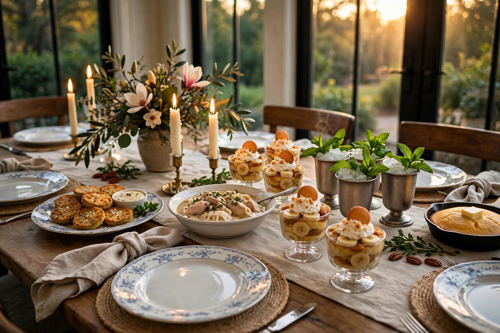 Elegant Southern family dining table set with fried green tomatoes, chicken and dumplings, banana pudding cups, and derby mint juleps in candlelight at golden hour