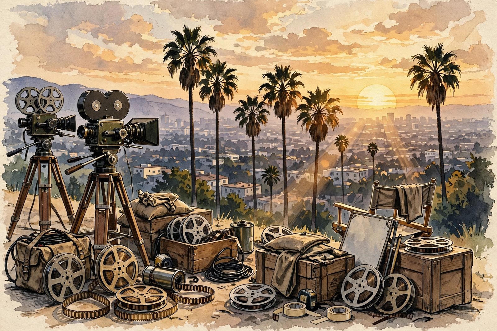 Vintage Hollywood film set at golden hour representing Caleb James Goddard's early life in Los Angeles