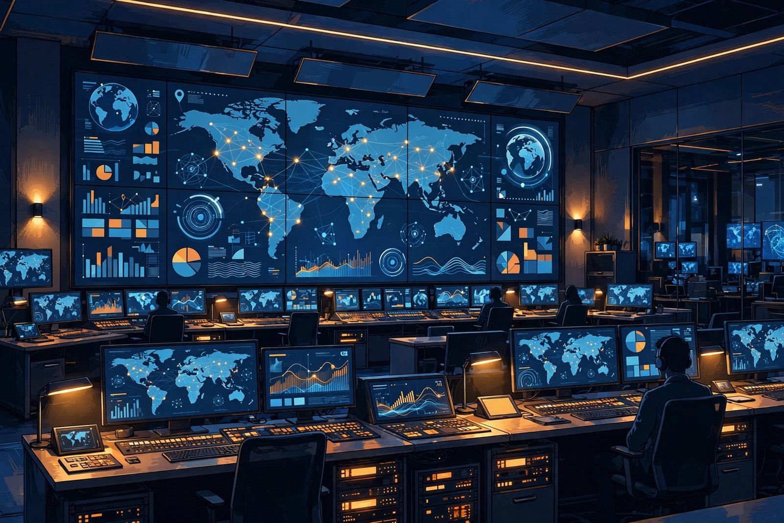 Modern broadcast newsroom control room representing Caleb James Goddard's journalism career