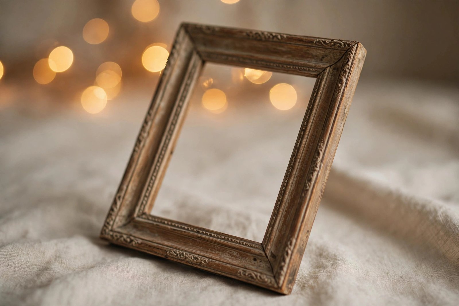 Vintage-style empty photo frame with warm blurred lights, representing family memory and legacy