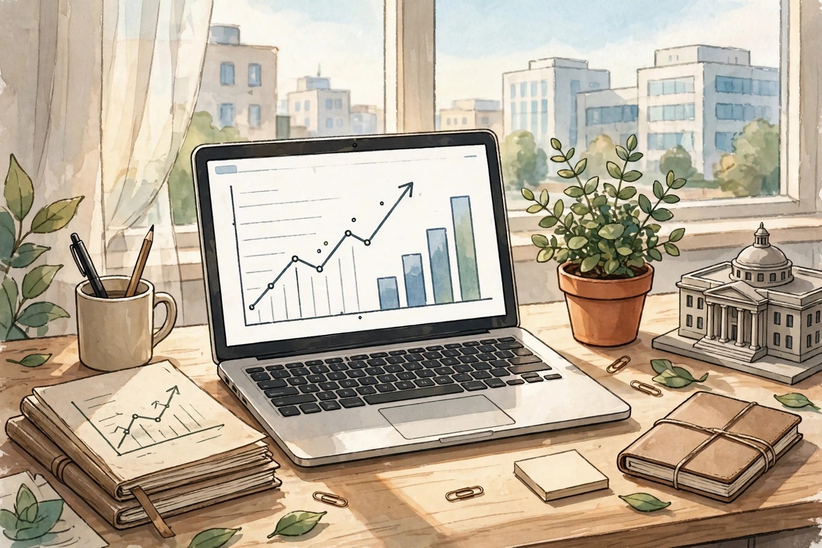 A modern office desk with a laptop showing business growth charts, notebooks, and a plant