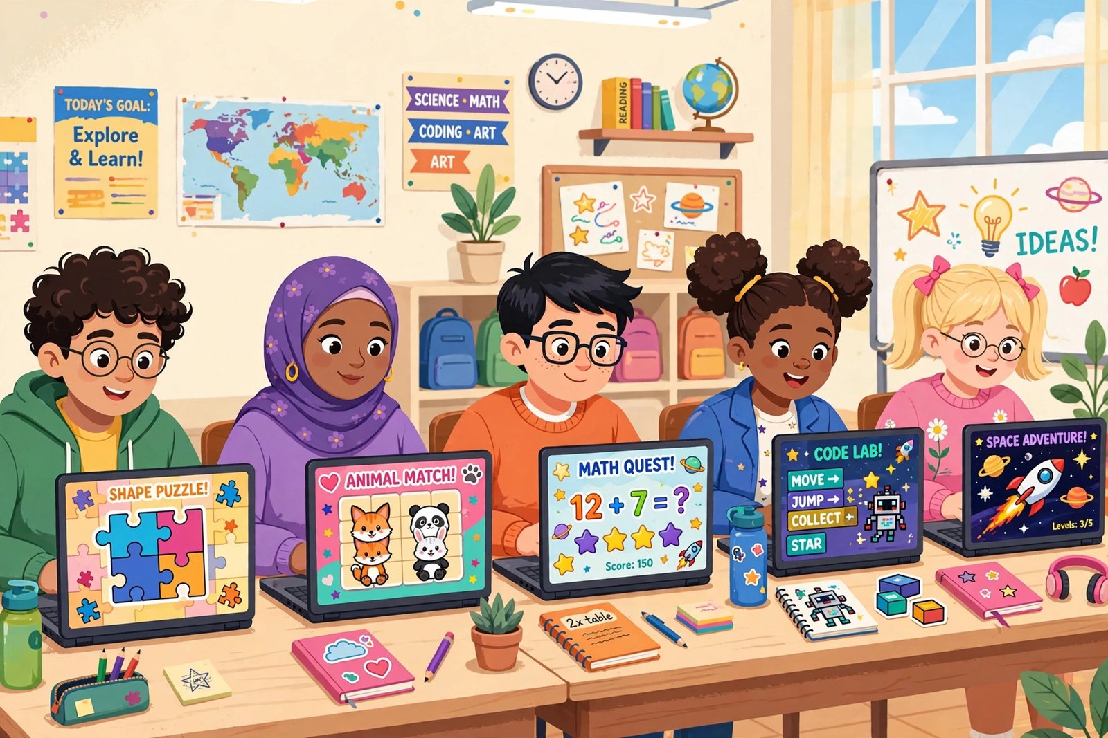 Students in a modern classroom using Chromebooks to play colorful browser games