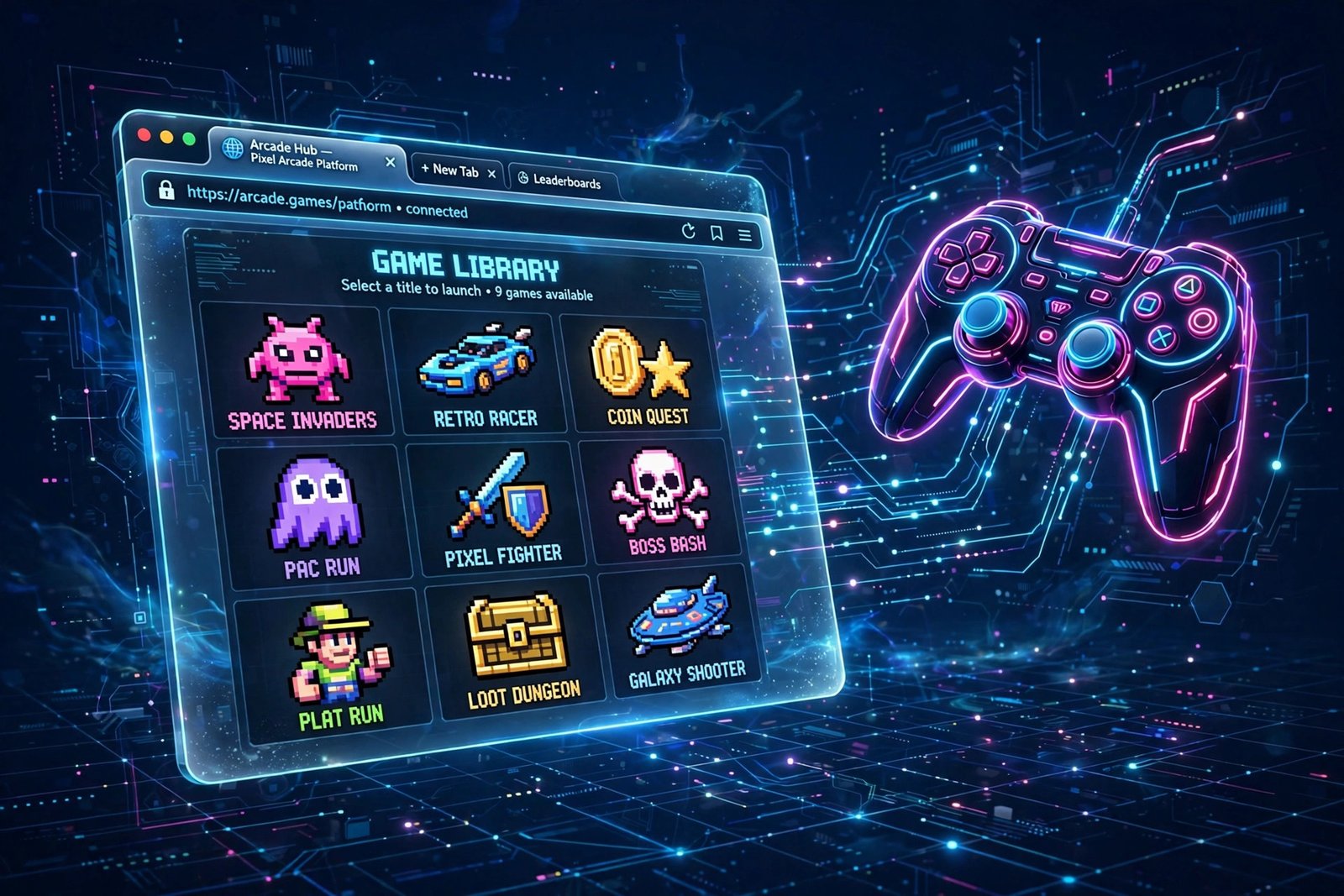 Web browser window filled with arcade game icons and a glowing game controller on a dark tech background