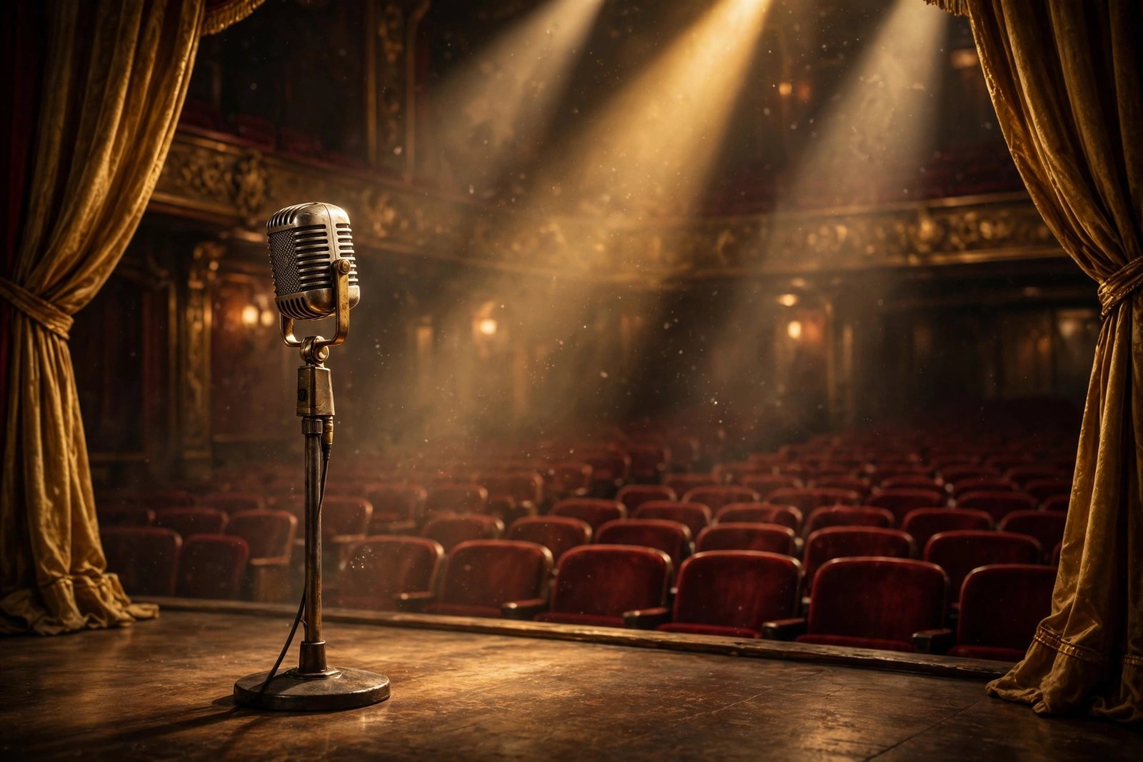 Vintage microphone on a concert stage, symbolizing the Nelson family entertainment legacy