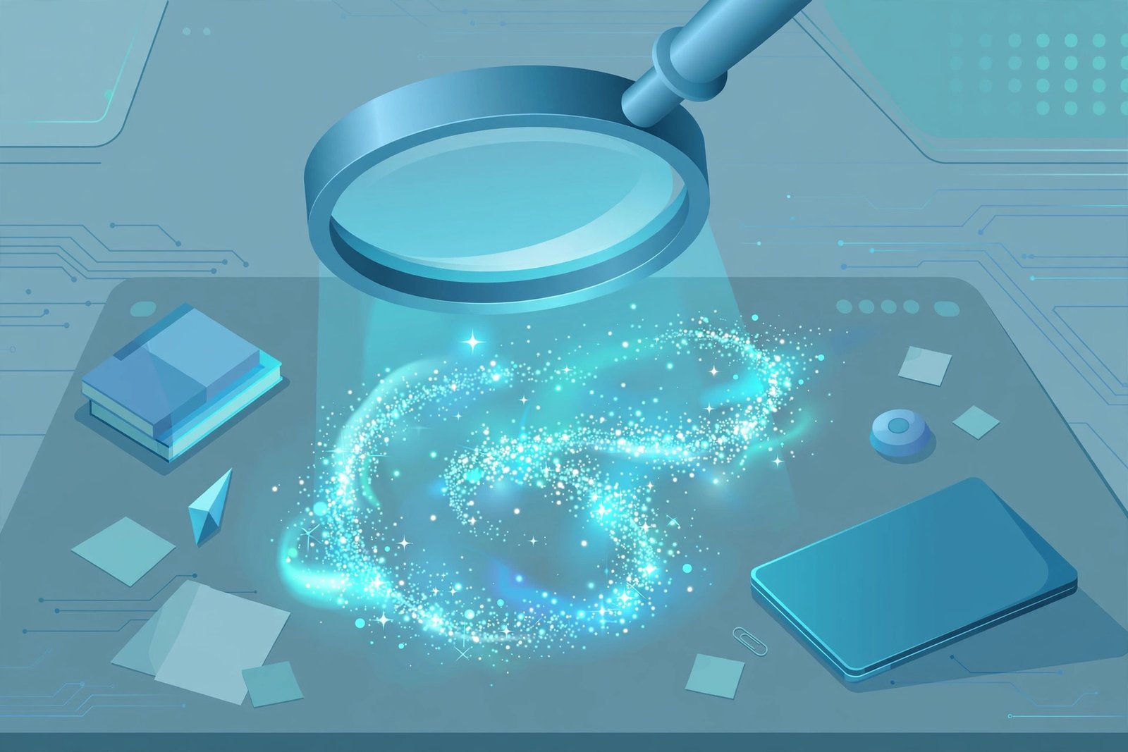 Illustration of a magnifying glass hovering over a glowing abstract word shape, symbolizing looking up the meaning of an unfamiliar tech term