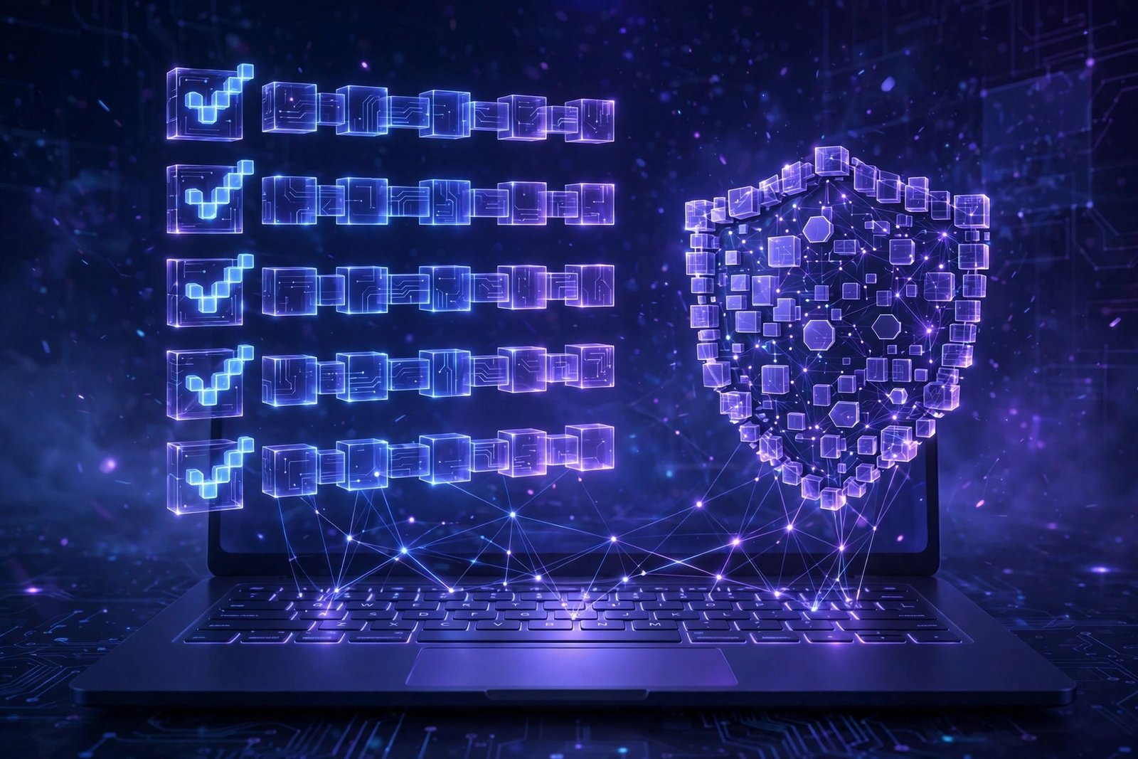 Illustration of a glowing shield and checklist floating above a laptop, symbolizing verifying new tech tools and terms before trusting them