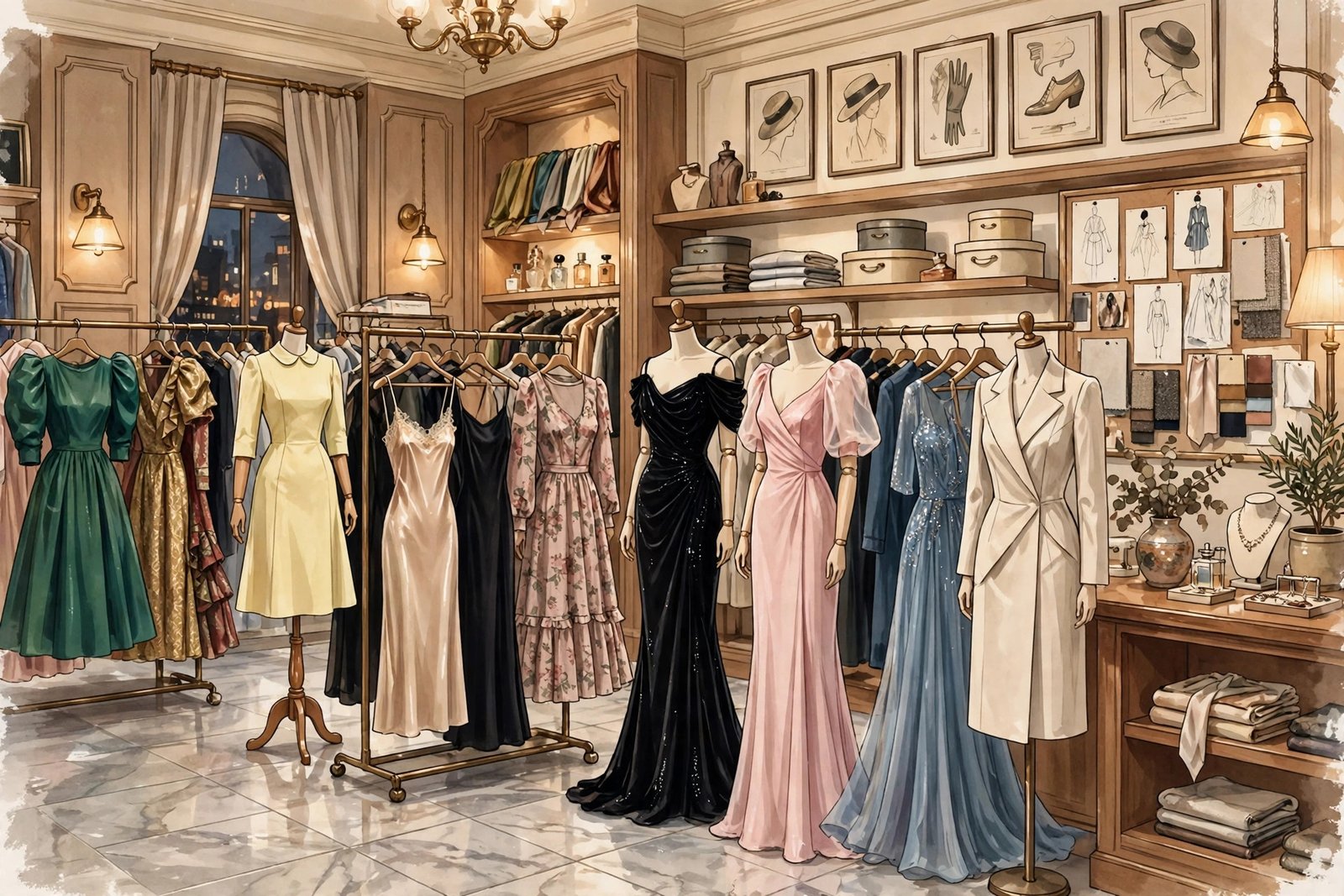 Illustration of a luxury fashion boutique representing Roberta Bobbi Raffel's fashion retail career