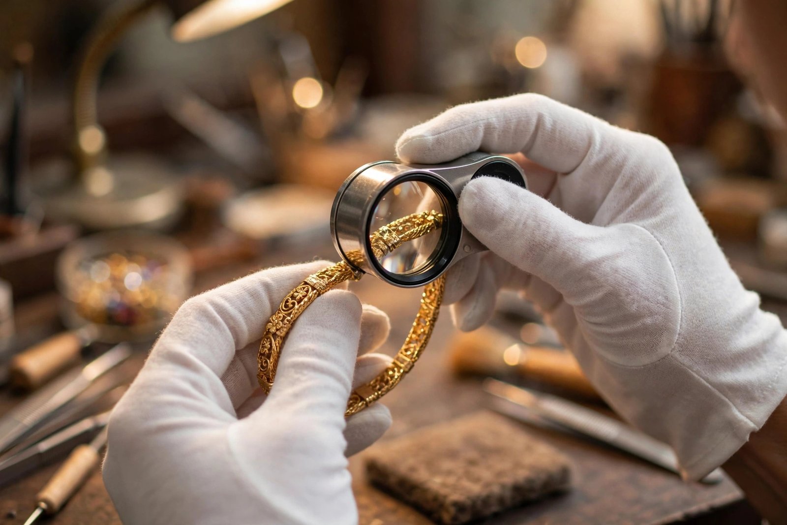 Hands in white gloves inspecting a gold bracelet with a jeweler's loupe on a workbench