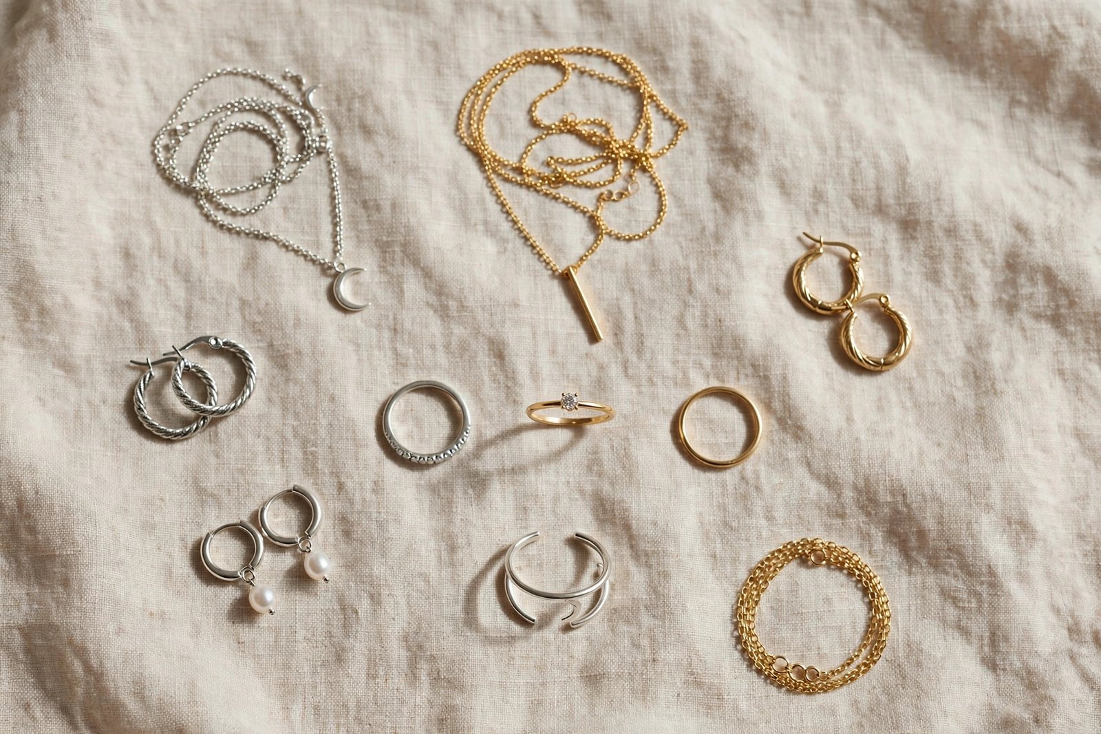 Flat lay of assorted gold and silver rings, necklaces, and earrings on beige fabric