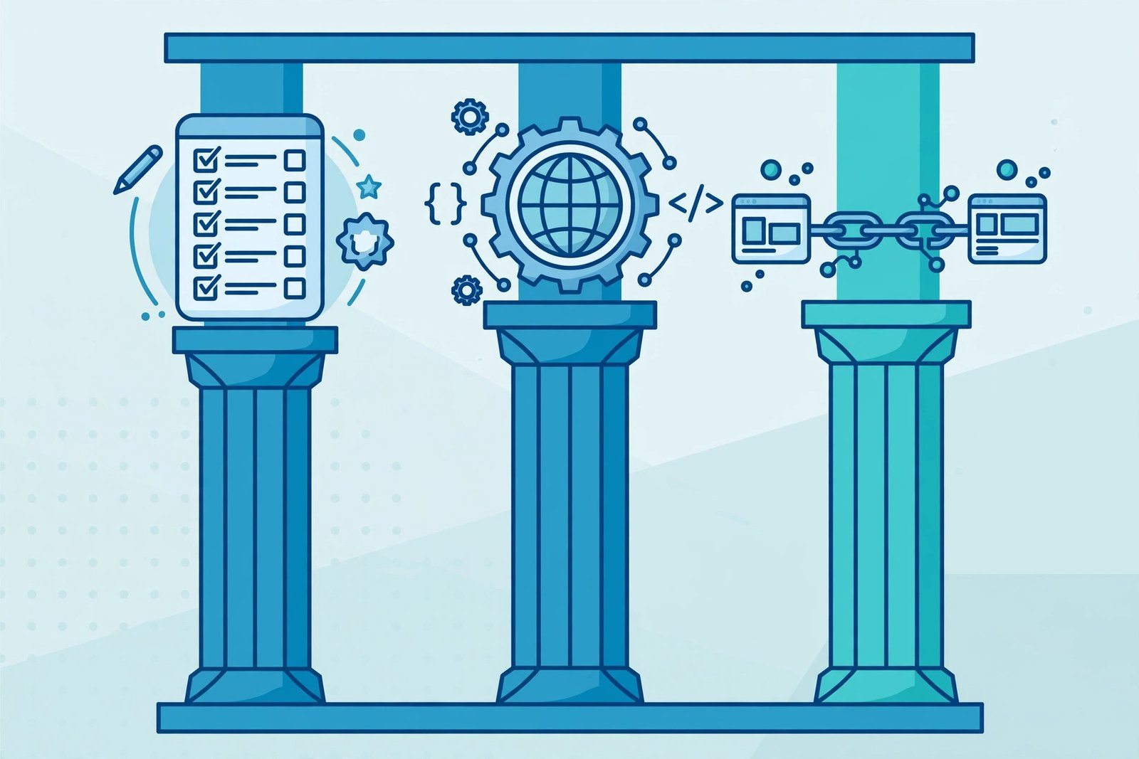 Illustration of the three pillars of highsoftware99 seo services: on-page optimization, technical SEO and off-page link building