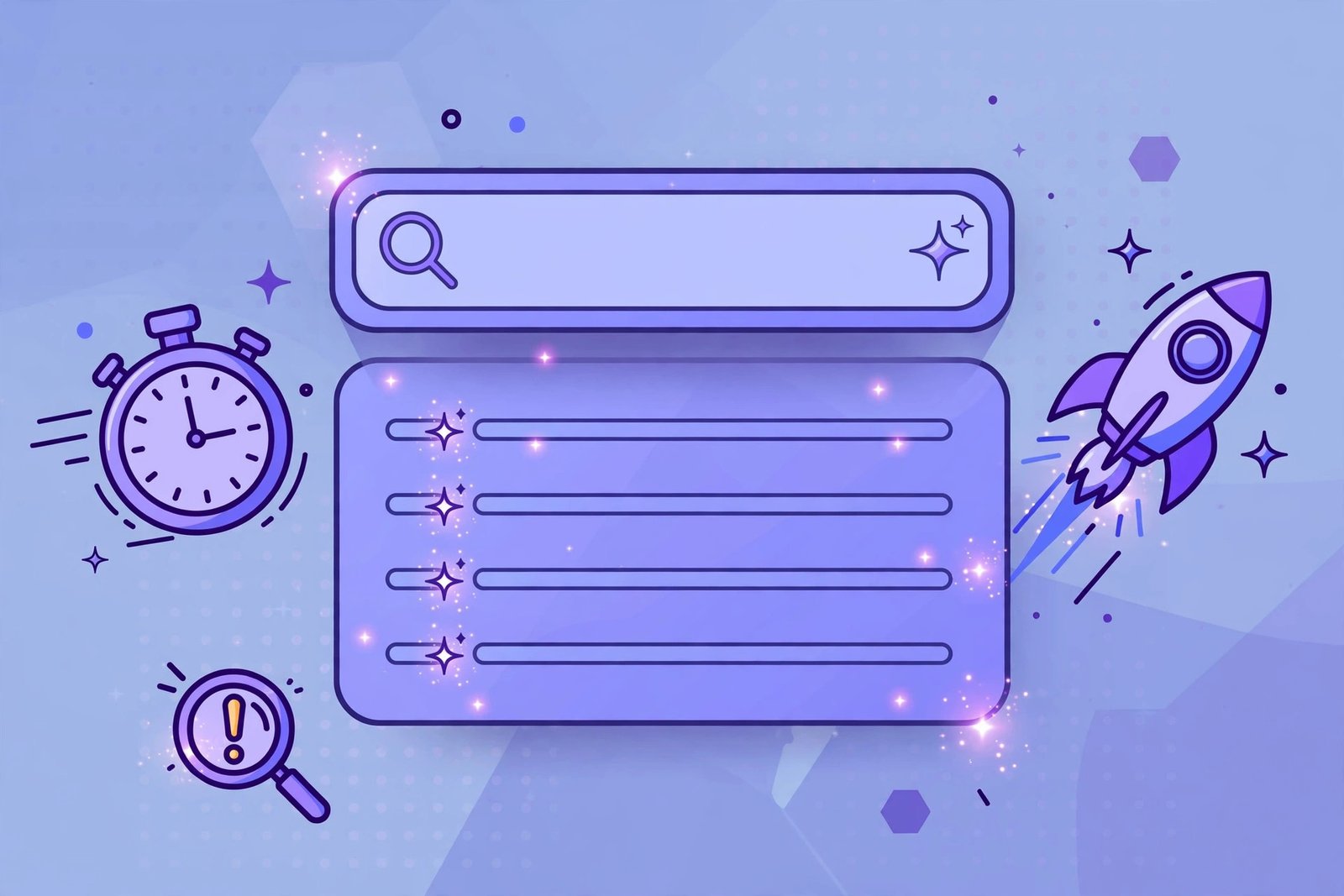 Illustration of a search bar with instant autocomplete suggestions, a stopwatch and a rocket