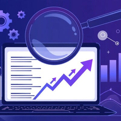 SEO by HighSoftware99.com concept art showing a magnifying glass over search results with rising ranking arrows