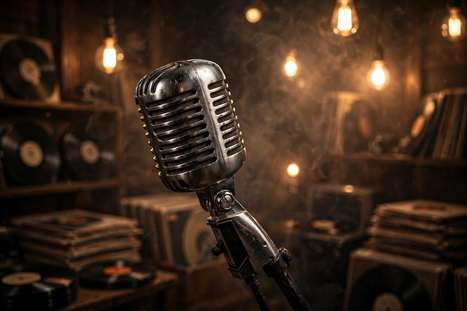 Vintage chrome microphone in a 1970s recording studio, evoking the soul music era