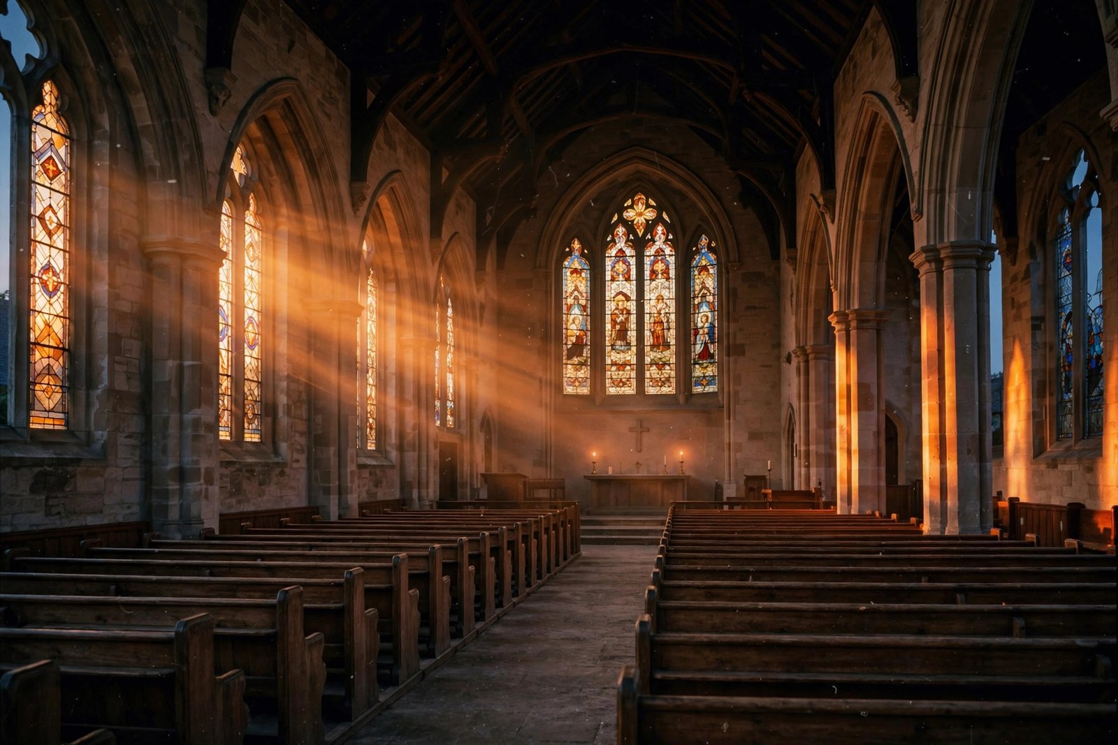 Sunlit church interior with stained glass windows, reflecting faith and community life
