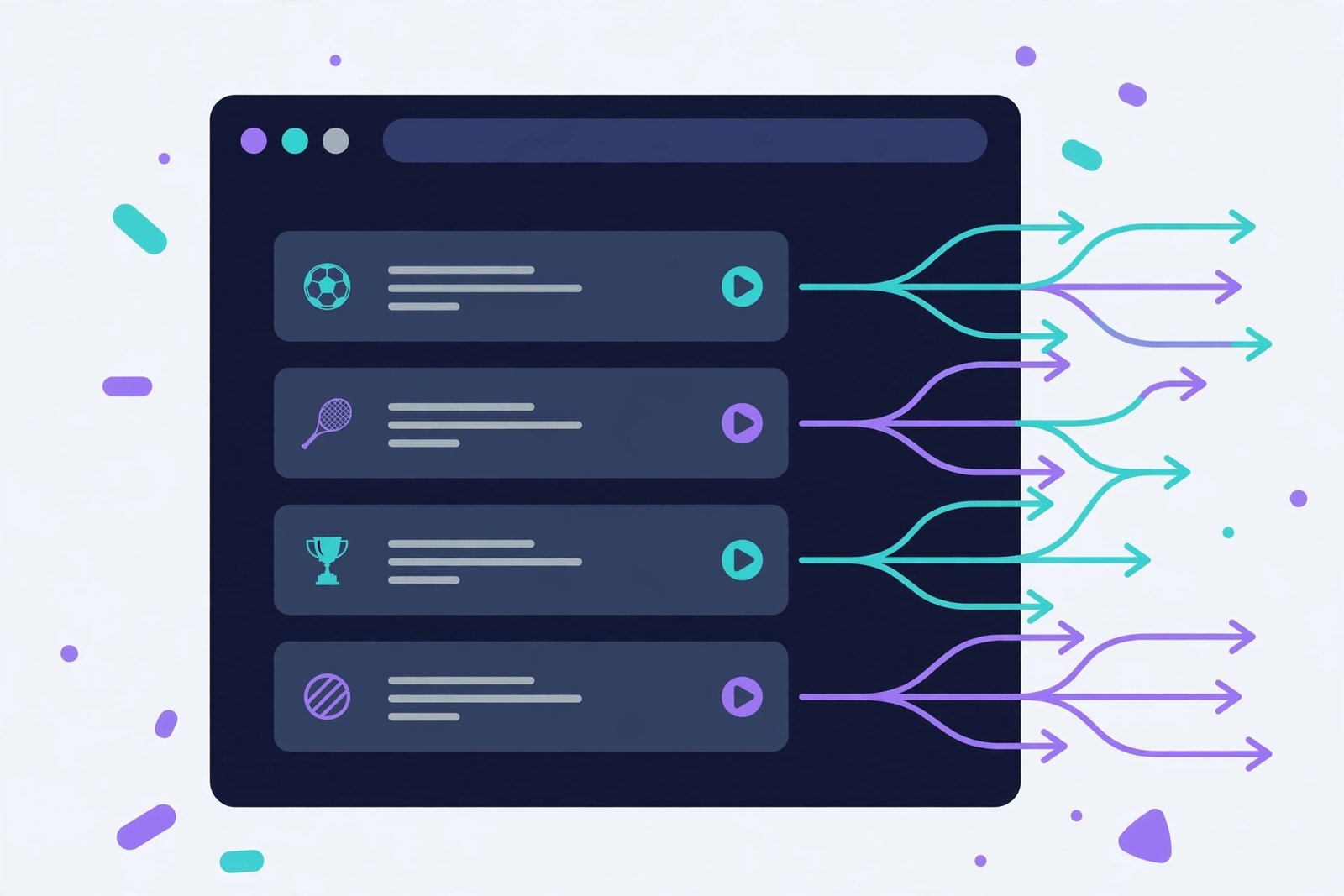 Illustration of a live sports streaming aggregator interface listing event cards with play buttons and mirror link options