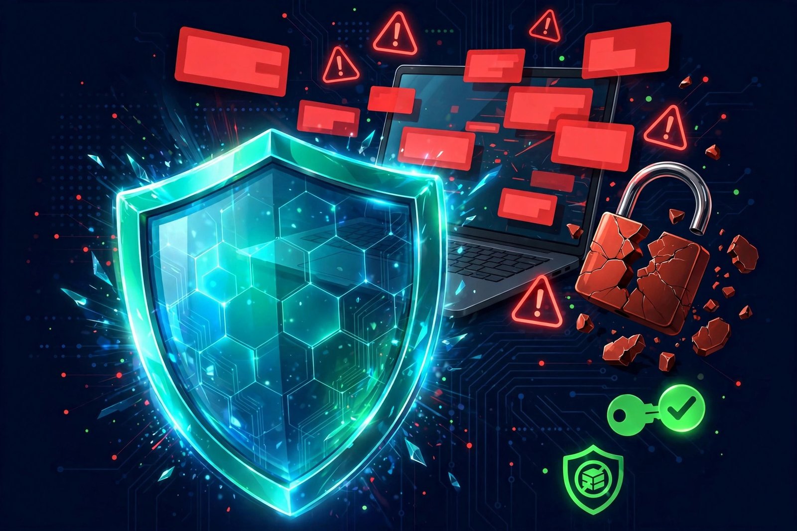 Cybersecurity illustration showing a glowing shield protecting a laptop from pop-up ads and warning symbols